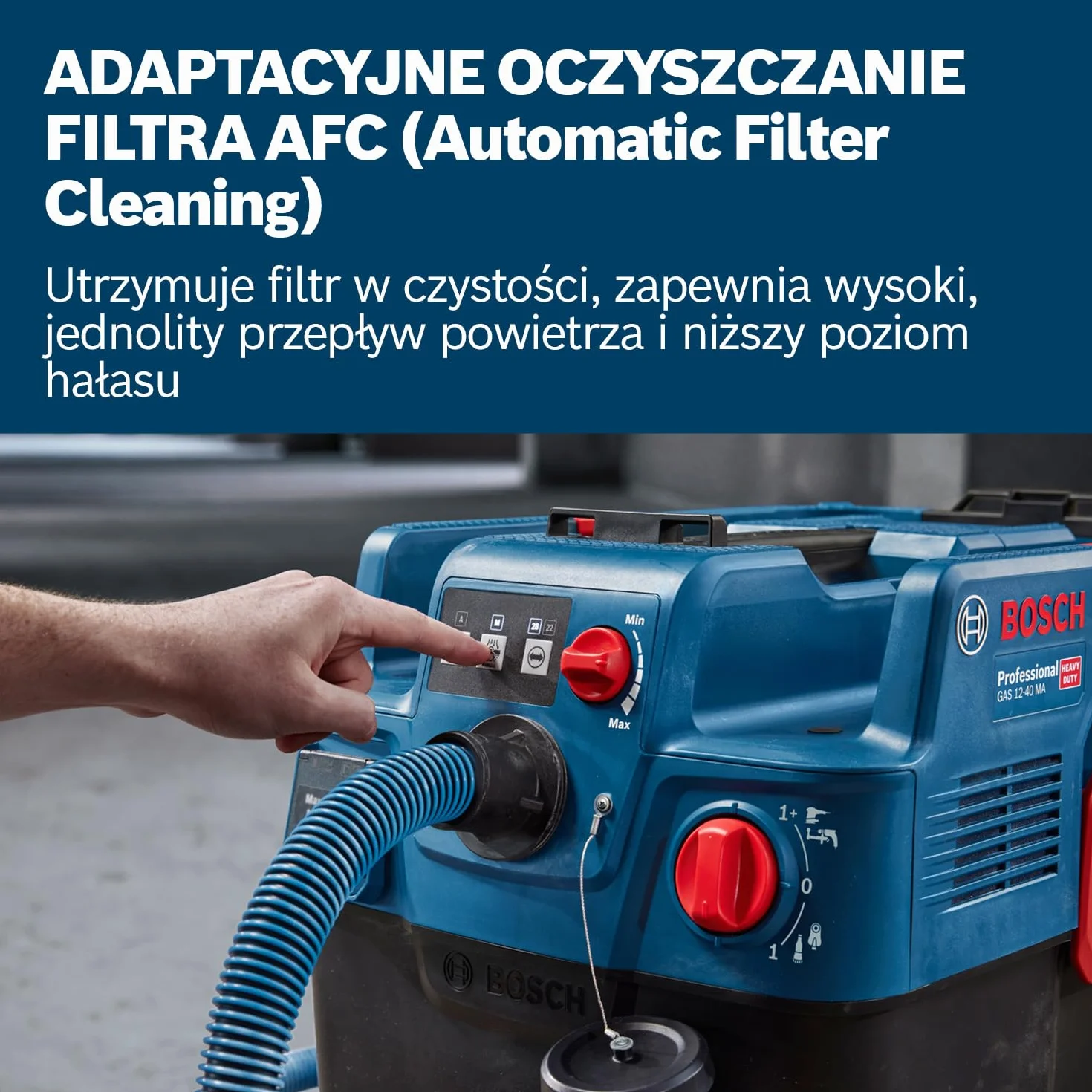 Bosch Professional: odkurzacz uniwersalny GAS 12-40 MA (moc 1200 W, automatyczne oczyszczanie filtra (AFC), filtr główny, wąż, adapter kombi do elektronarzędzia, szczotka kombi)