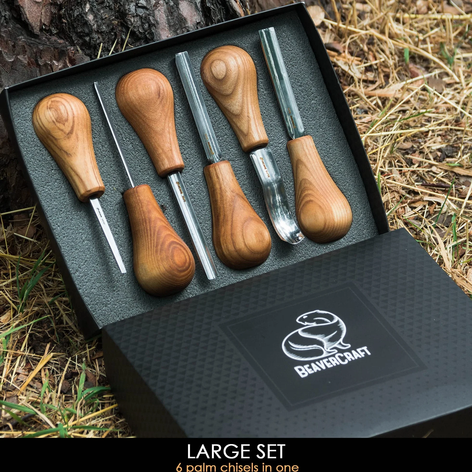 BeaverCraft Zestaw dłut do rzeźbienia w drewnie SC05 z dłutem dłoniowym i płaskim dłutem prostym, zaokrąglone, krótkie, wygięte noże do strugania, narzędzia dla początkujących i profesjonalistów
