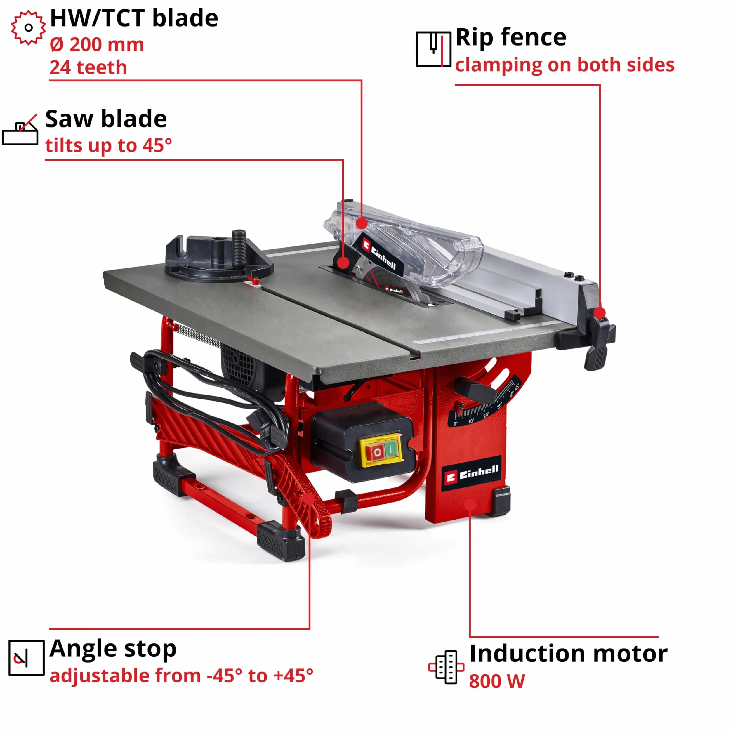 Einhell Piła tarczowa TC-TS 8 I (800 W, wysokość cięcia 45 mm, średnica ostrza 200 mm, ogranicznik kątowy, ogranicznik równoległy, przyłącze do odkurzacza, z ostrzem z węglika wolframu)