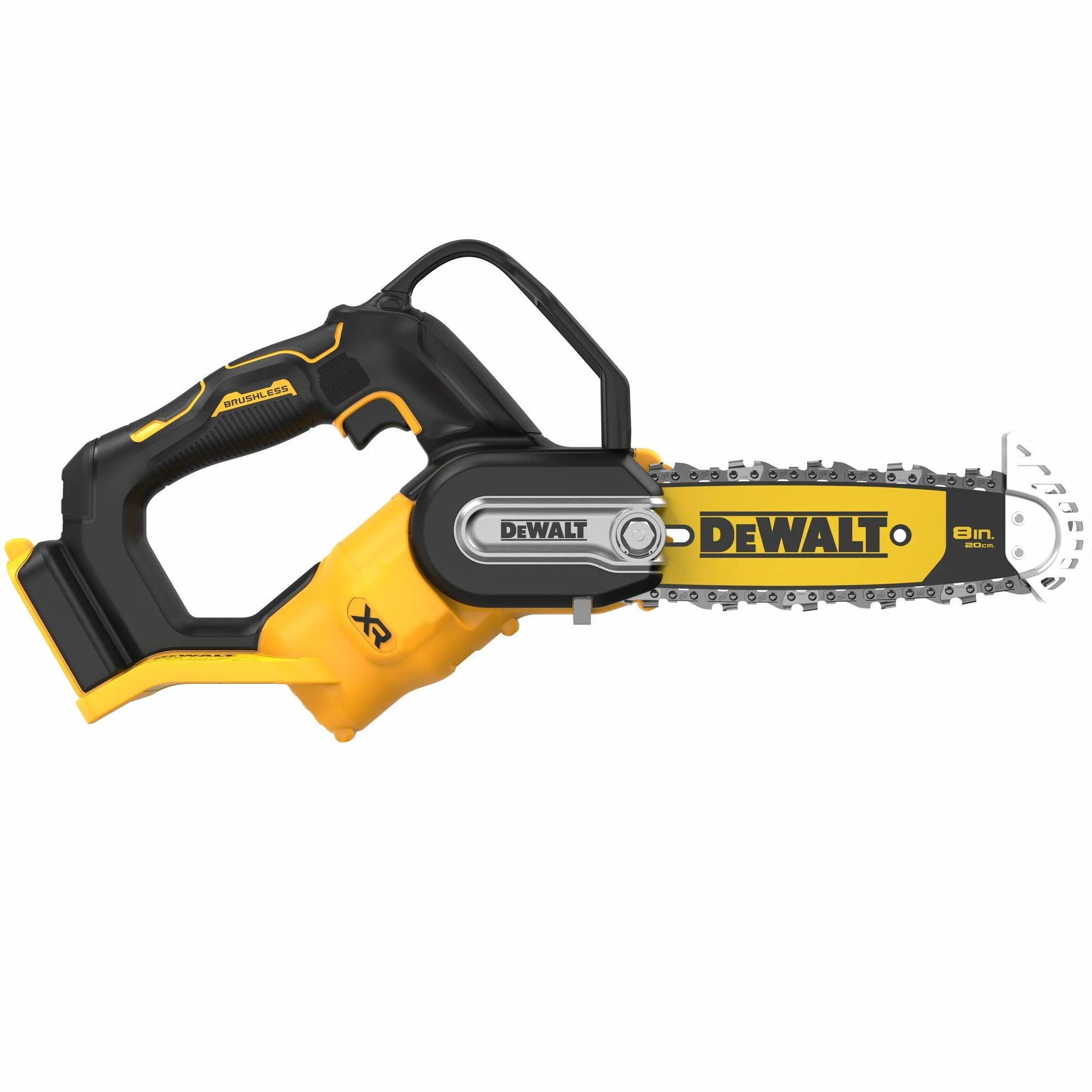 DEWALT DCMPS520N-XJ akumulatorowa piła do gałęzi 18 V (miecz 20 cm, silnik bezszczotkowy, automatyczne smarowanie łańcucha, metalowa ochrona na czubku miecza, boczne napięcie łańcucha, dostawa bez