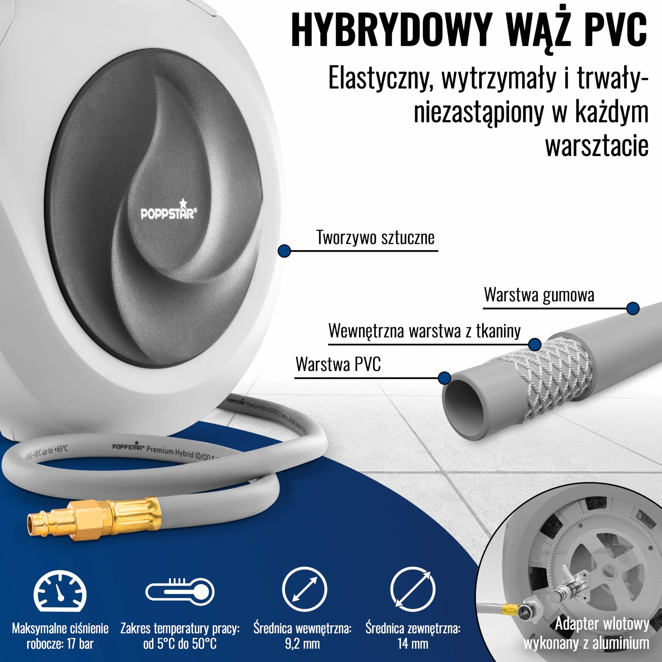 Poppstar wąż pneumatyczny zwijany (15m+1,1m, średnica 3/8"(9,2x14mm) szybkozłączka 1/4" BSPT) automatyczny zwijacz węża pneumatycznego