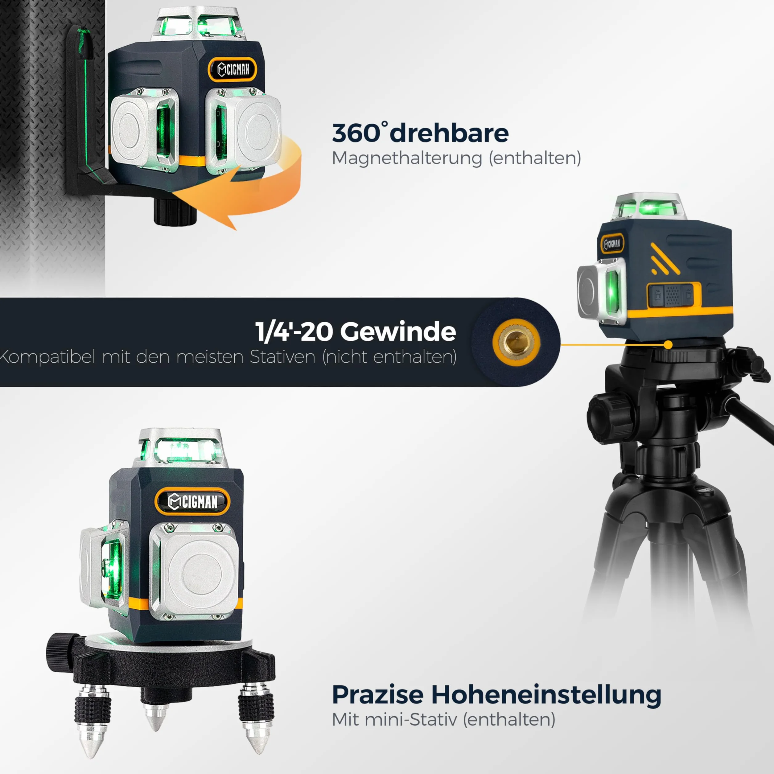 CIGMAN 3x360 ° zielony poziom lasera, samopoziomujący poziom lasera, zasięg roboczy: 30m, z pilotem, uchwytem magnetycznym, obrotową podstawą 360 °, wbudowany akumulator litowo-jonowy