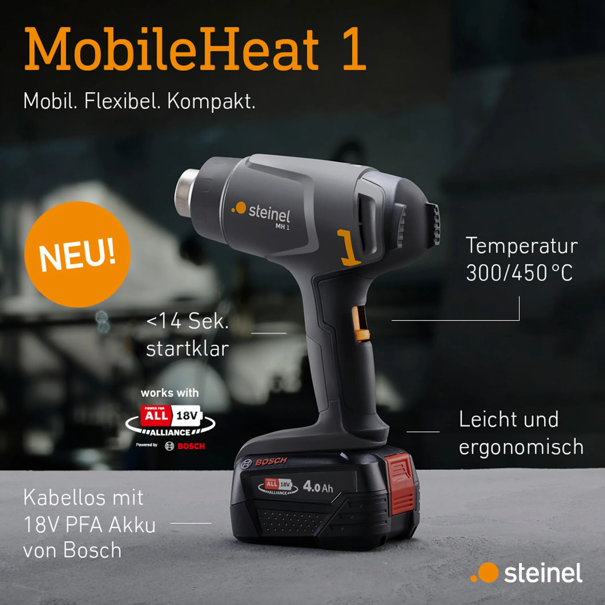 Steinel Akumulatorowa pistoleta na gorące powietrze MH 1, 2 poziomy temperatury 300°C/450°C, opalarka do lutowania i obkurczania