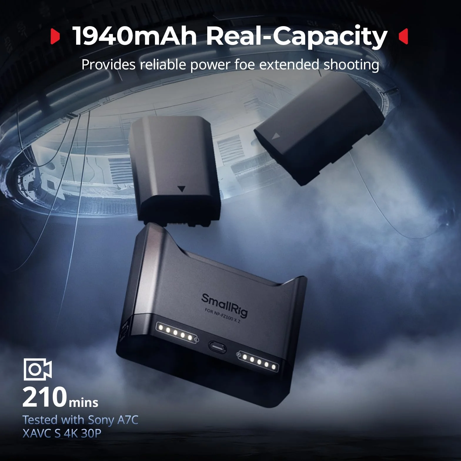 SMALLRIG Zestaw akumulatorów NP-FZ100 22,5 W 1940 mAh do Sony Alpha A7III A7IV A6700 FX3 FX30 A9 A7C A7CII