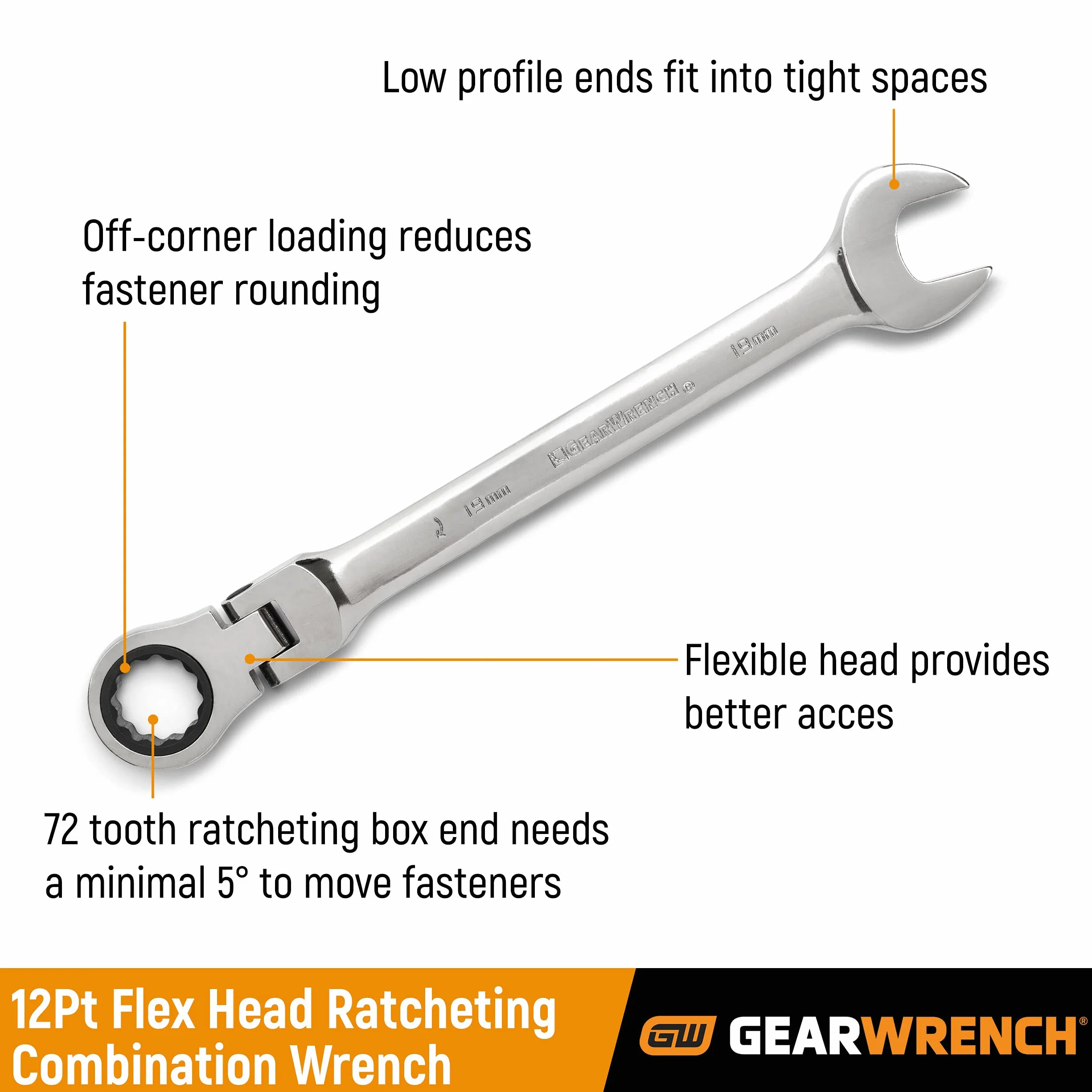 GearWrench 9901D 72-zębowy 12-punktowy zestaw kluczy płasko-oczkowych z grzechotką, 12 szt.