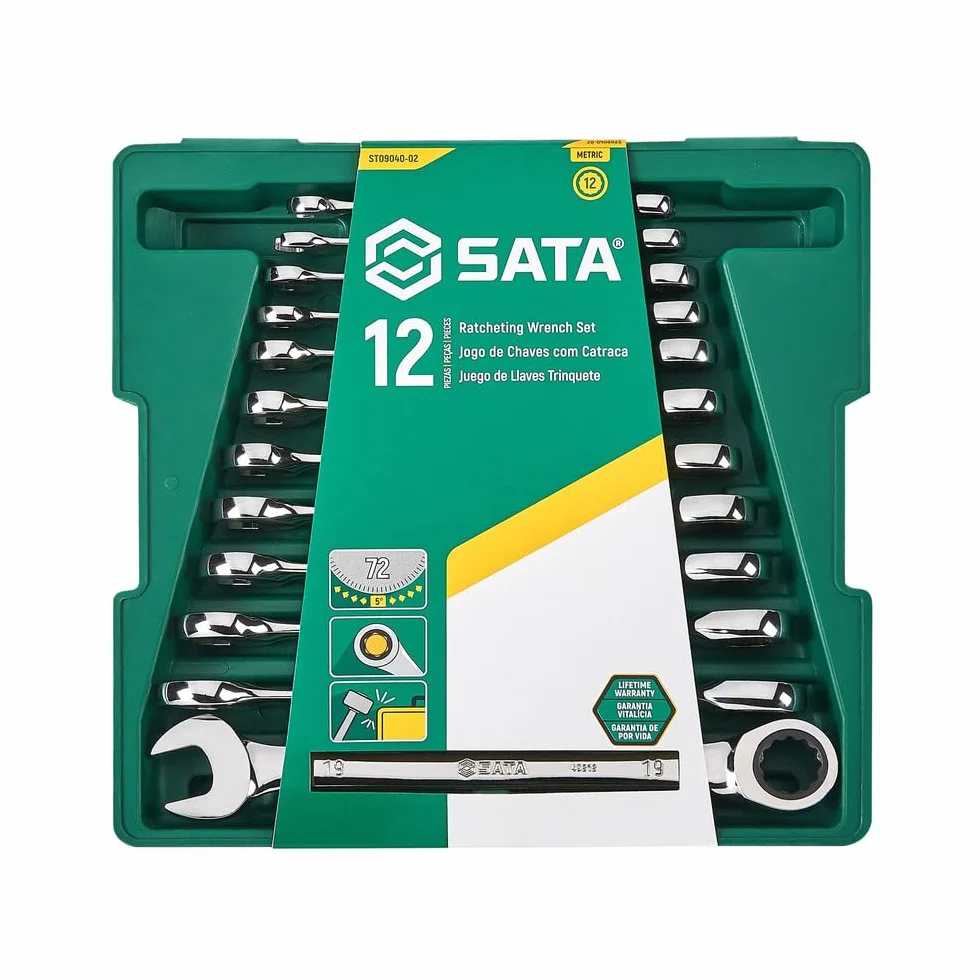 SATA ST09040-02 12-częściowy metryczny klucz grzechotkowy/zestaw kluczy nasadowych, polerowane, 8 mm - 19 mm, z tacą
