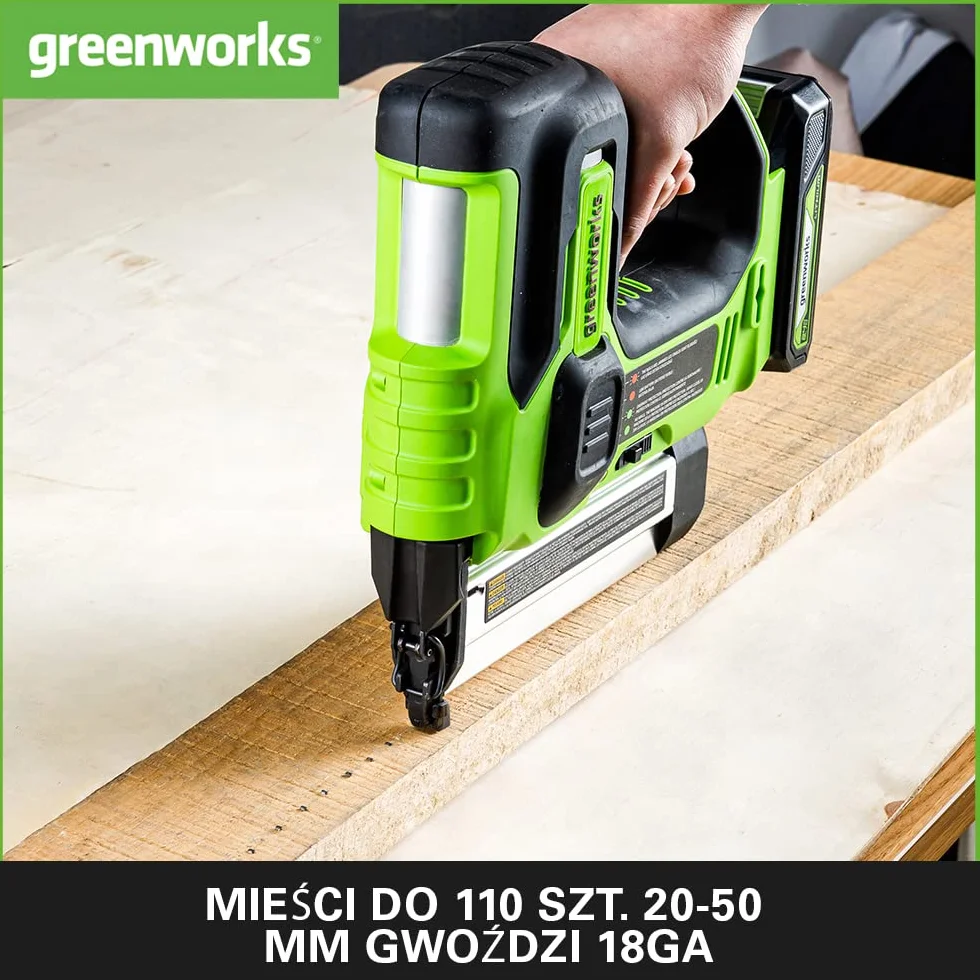 Greenworks G24BN Gwoździarka Akumulatorowa, Pojemność Gwoździ 110, 110 szt./min dla Gwoździ 20-50 mm 18GA, BEZ Baterii i Ładowarki 24V