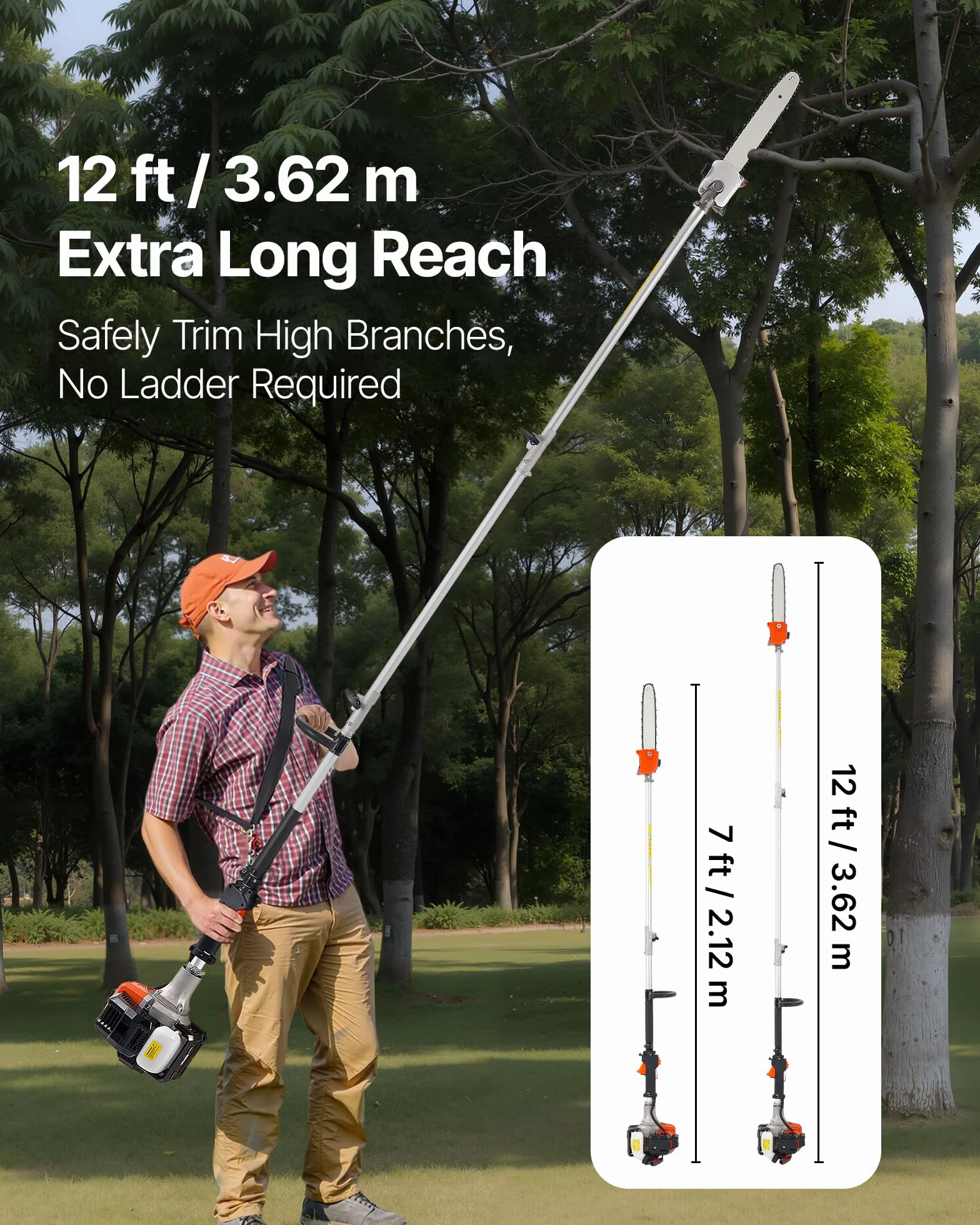 VEVOR 25cc 2-suwowa piła łańcuchowa 25 cm3 pręt tnący 30,5 cm zbiornik 650 ml wysuwane 2,12-3,6 m
