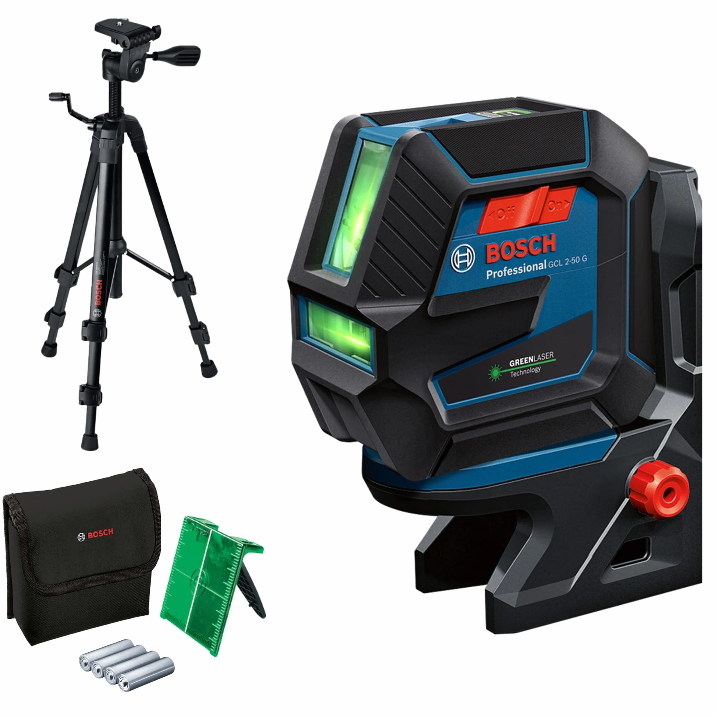 Bosch Professional Laser wielofunkcyjny GCL 2-50 G (zielona wiązka, do pracy w pomieszczeniach, uchwyt RM 10, statyw budowlany BT 150, widzialny zasięg: do 15 m, 4 baterie AA, opak. kartonowe)