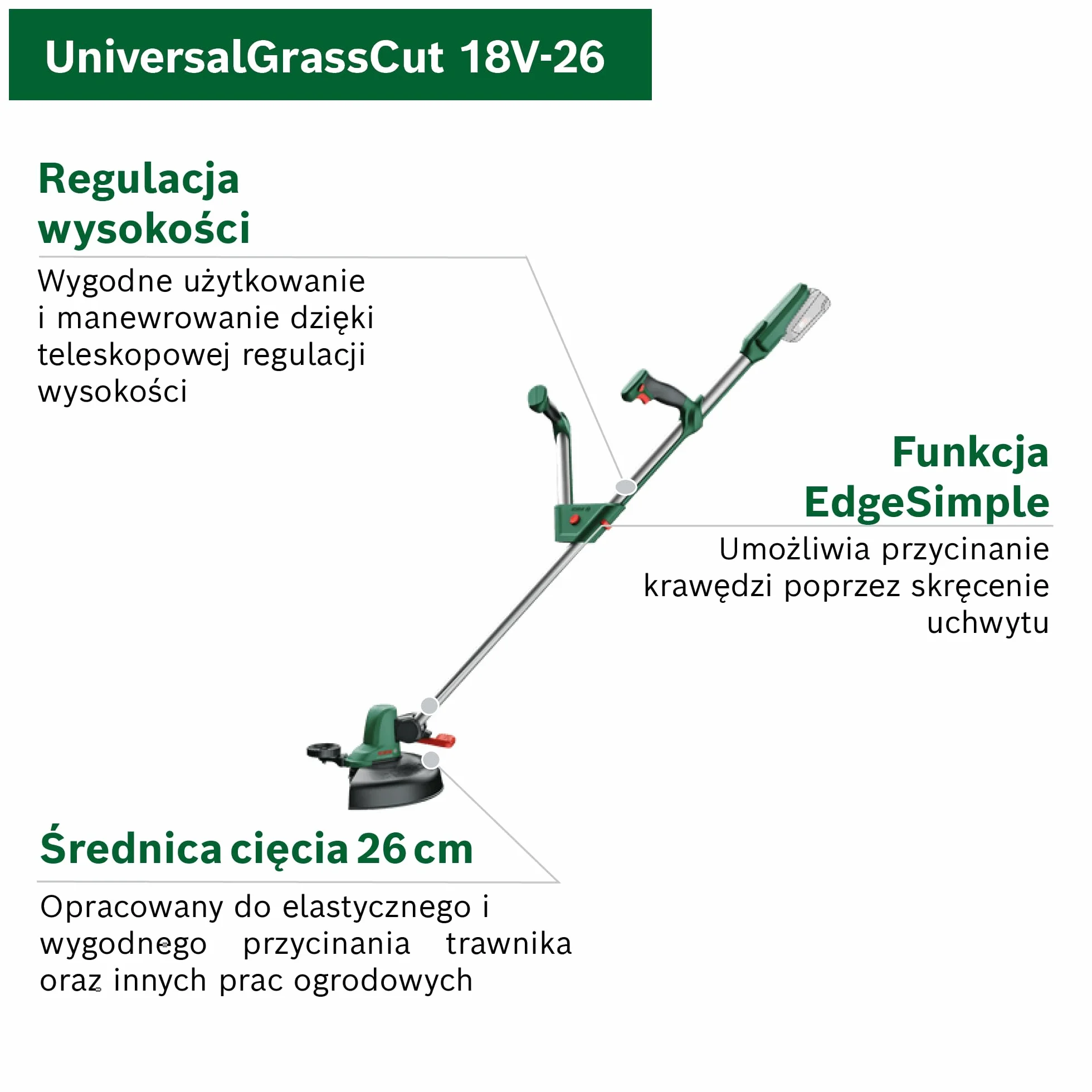 Bosch UniversalGrassCut 18V-26, Akumulatorowa podkaszarka do trawy (bez akumulatora, system 18V, średnica cięcia: 26 cm, regulowane uchwyty, opakowanie kartonowe), Zielona