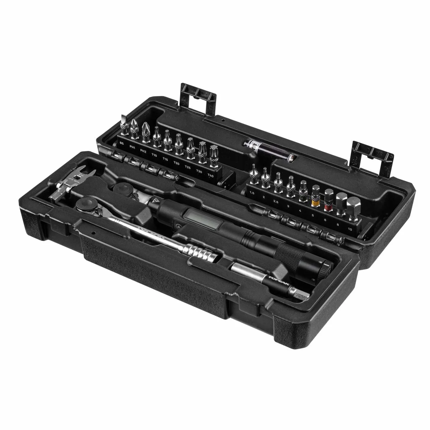 Topeak Torq Stick Pro cyfrowy zestaw kluczy dynamometrycznych 20-częściowy stal aluminium składany bit płaski 8 mm srebrny 25x9x6 cm