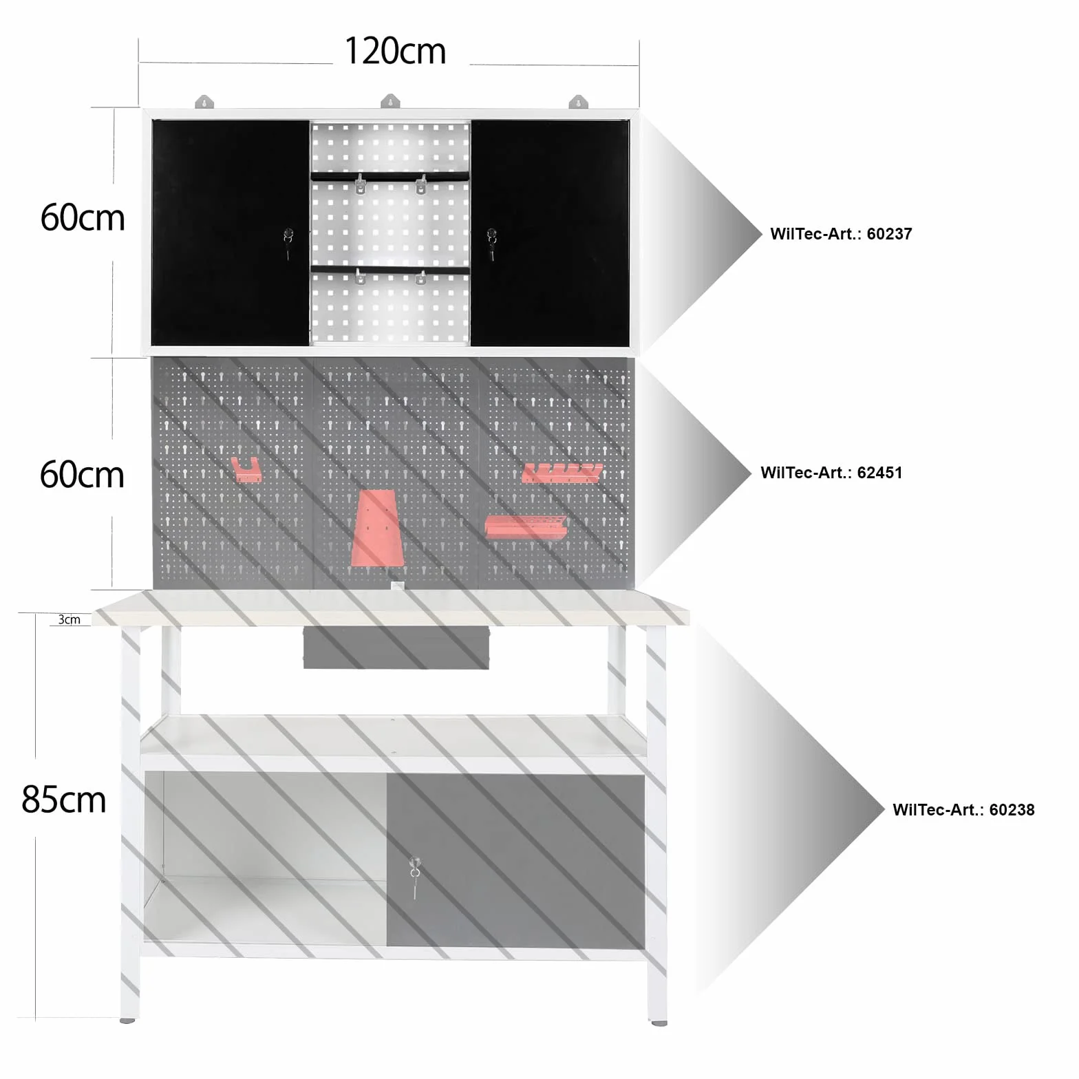 Wiltec Szafka narzędziowa wisząca 60x120x19 cm zamykana z perforacją, stalowa szafka warsztatowa, meble warsztatowe idealne do garażu i warsztatu