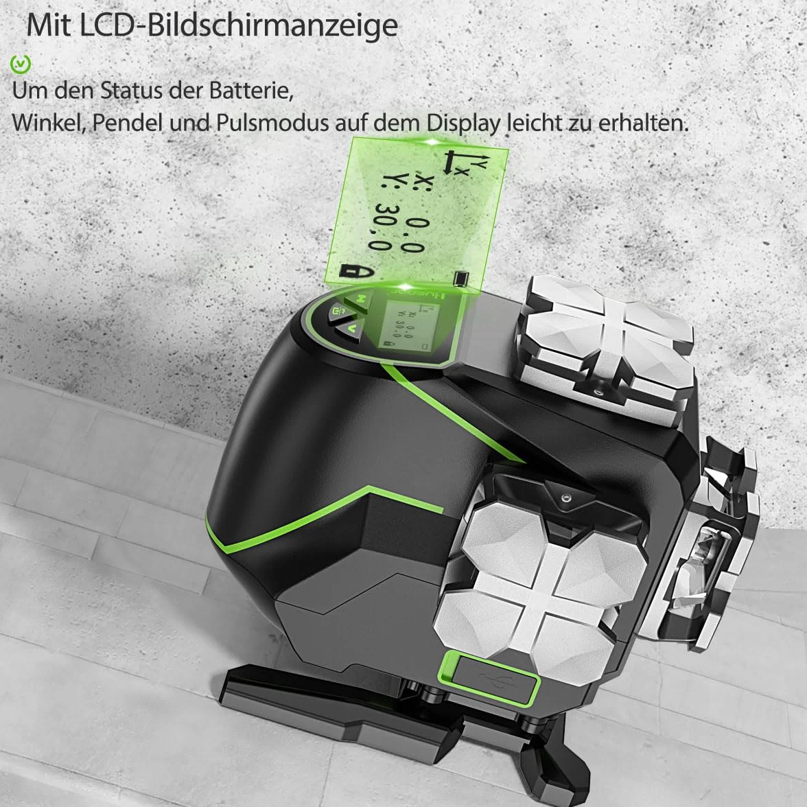 Huepar 16 linii samopoziomujący poziom lasera 4 x 360° z ekranem LCD, zielona wiązka Bluetooth 4D, pilot poziomy/pionowy S04CG-C