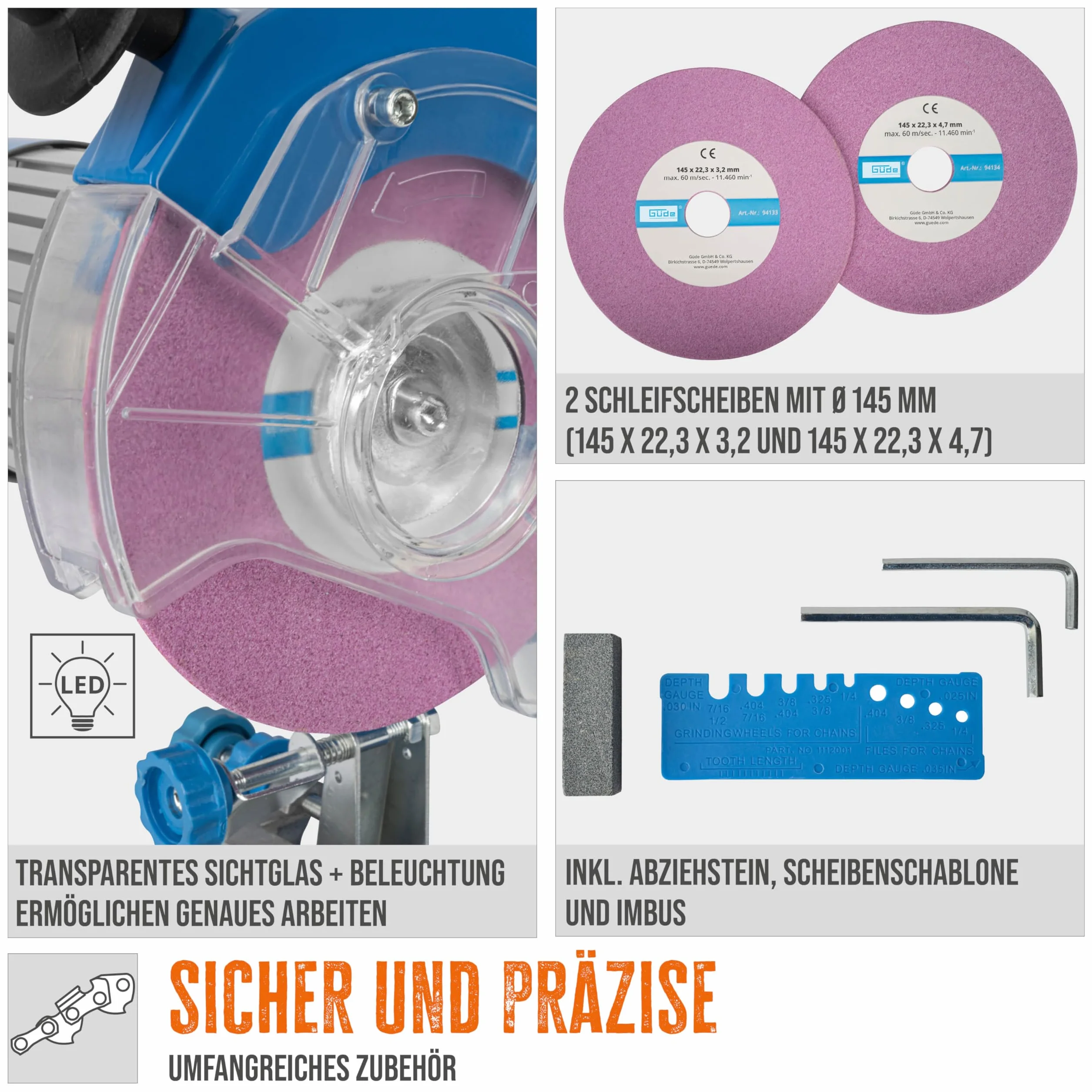 Güde Ostrzałka do piły łańcuchowej P 2300 A (230 W, 3000 1/min, regulowany kąt ostrzenia 2 x 35°, prowadnica łańcucha, oświetlenie, do wszystkich popularnych typów łańcuchów piły, 2 x tarcze