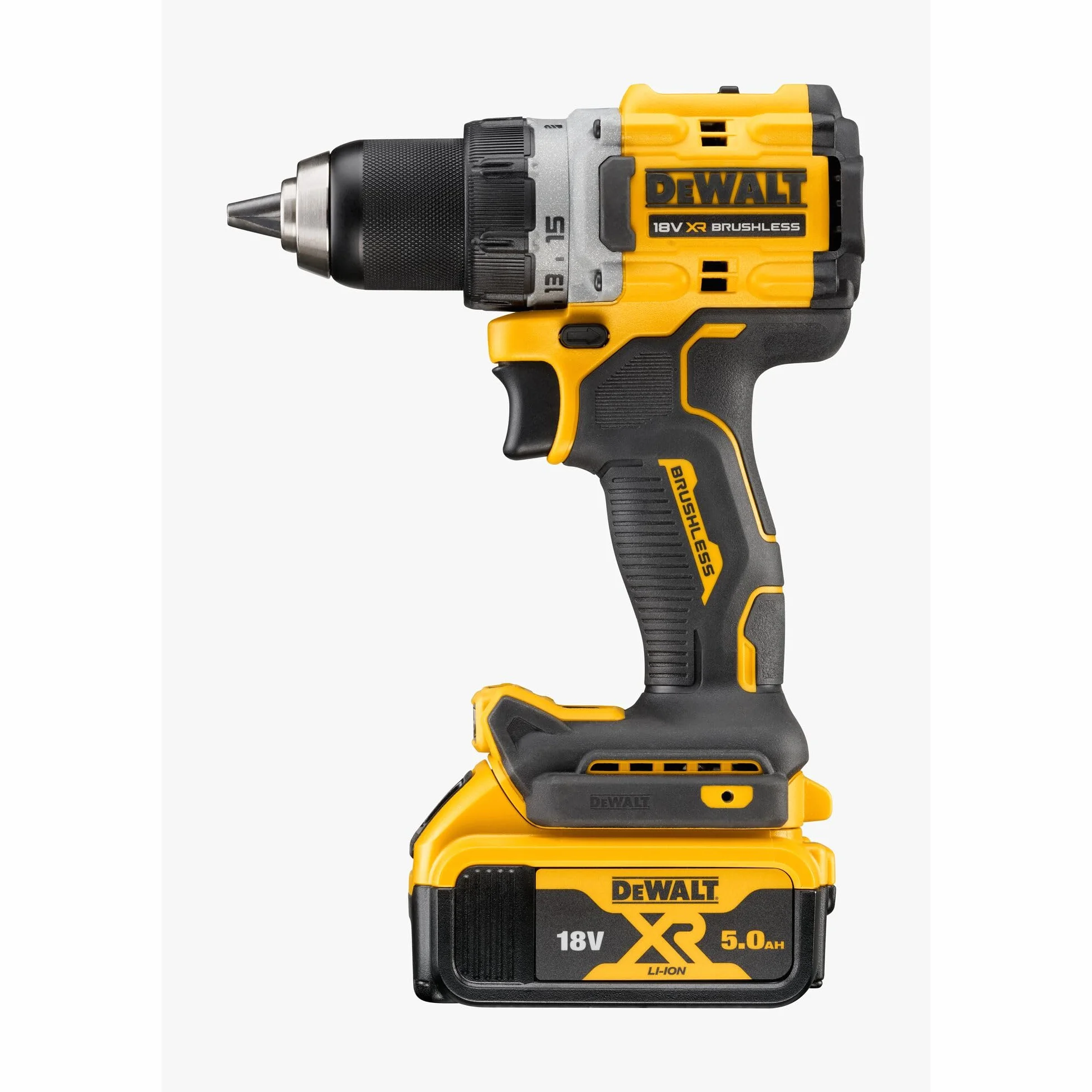 DEWALT DCD800P2T-QW wiertarko-wkrętarka akumulatorowa 18 V, 2 prędkości, silnik bezszczotkowy, uchwyt wiertarski 13 mm, oświetlenie LED, w zestawie 2 x akumulator 5,0 Ah, ładowarka i pudełko TSTAK