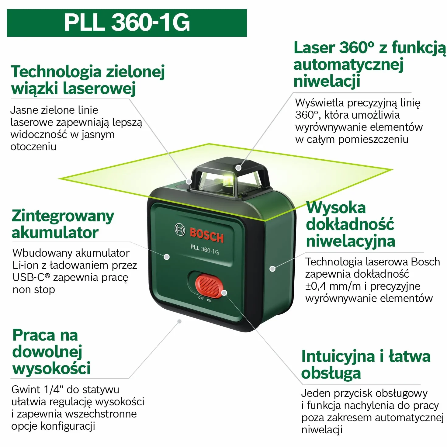 Bosch Laser płaszczyznowy PLL 360-1G (zielona wiązka laserowa 360°, funkcja samopoziomowania, dokładność ±0,4 mm/m, zintegrowany akumulator Li-ion, USB-C®, opakowanie kartonowe E-Commerce)