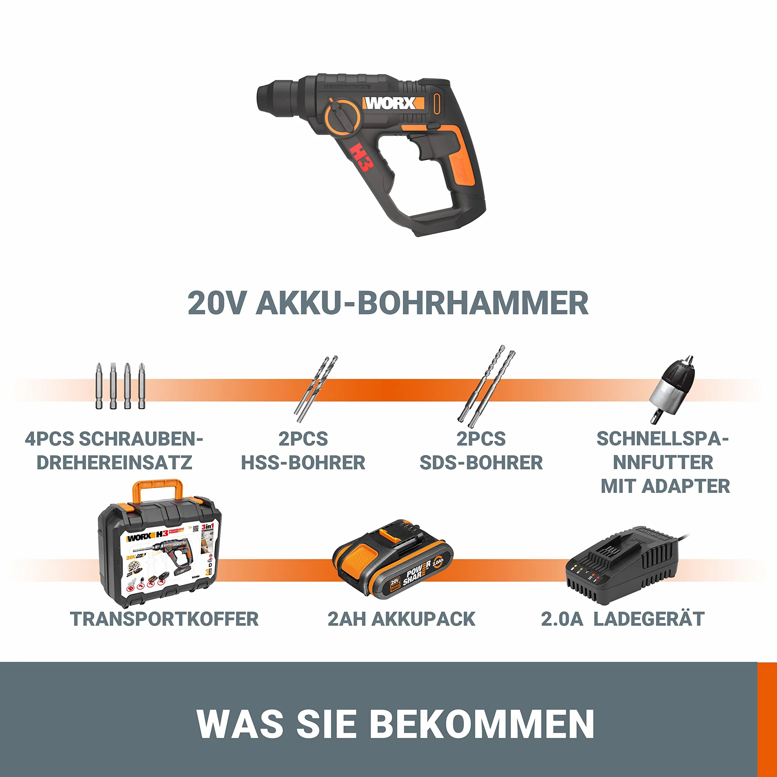 WORX WX390 SDS-plus młot udarowo-obrotowy – 20 V wiertarka z pneumatycznym mechanizmem młotkowym do wkręcania, wiercenia i młotkowania – energia uderzenia 1,2 J – z akumulatorem litowo-jonowym 2,0 Ah,