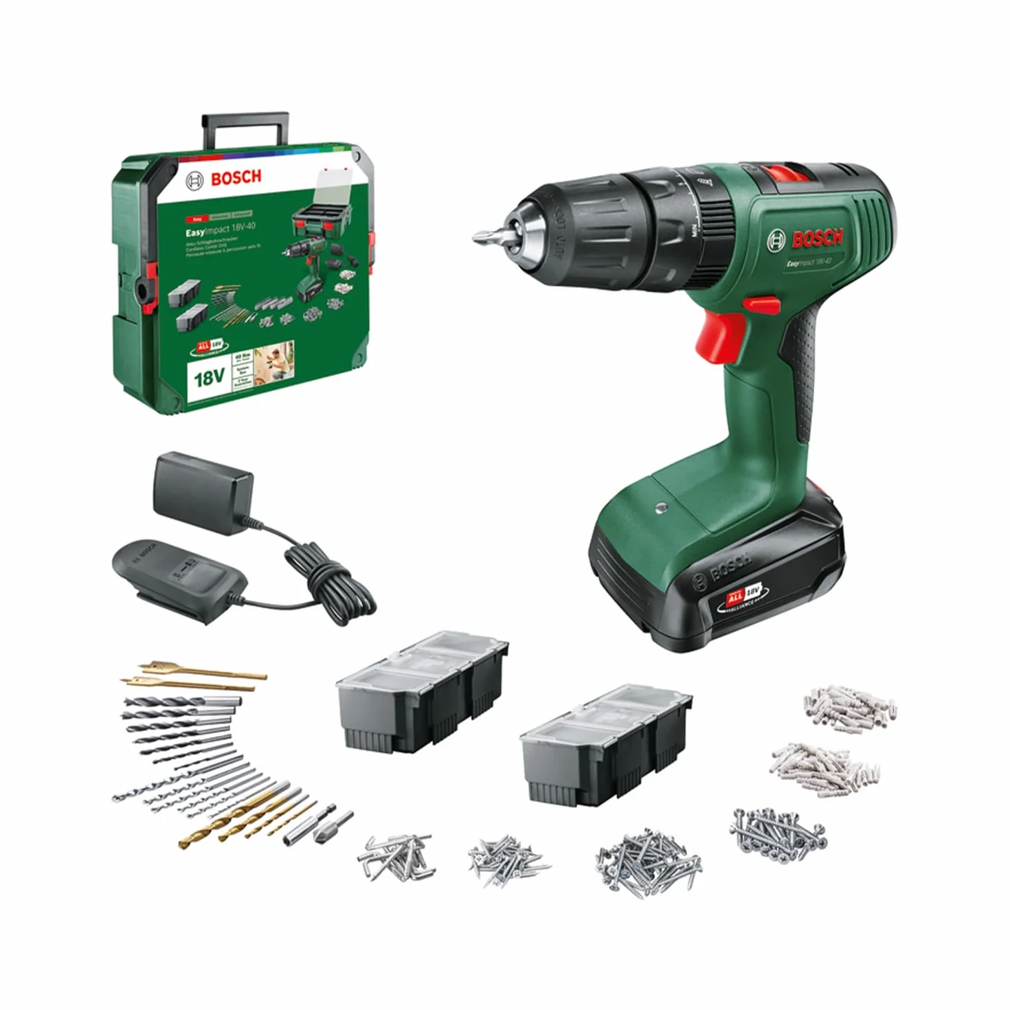 Bosch Akumulatorowa wiertarka udarowa EasyImpact 18V-40 (wkręcania, wiercenia w drewnie, metalu i tworzywach sztucznych; wiercenia udarowego w murze; 241 bitów; 1 akumulator 1,5 Ah; system 18V)