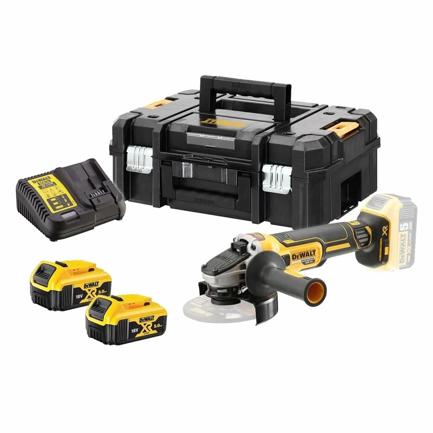Dewalt DCG405P2 akumulatorowa szlifierka kątowa 18 V 125 mm (800 W, silnik bezszczotkowy, uzwojenia opancerzone z żywicy epoksydowej, sprzęgło elektroniczne i hamulec, w zestawie 2 x akumulatory 5,0