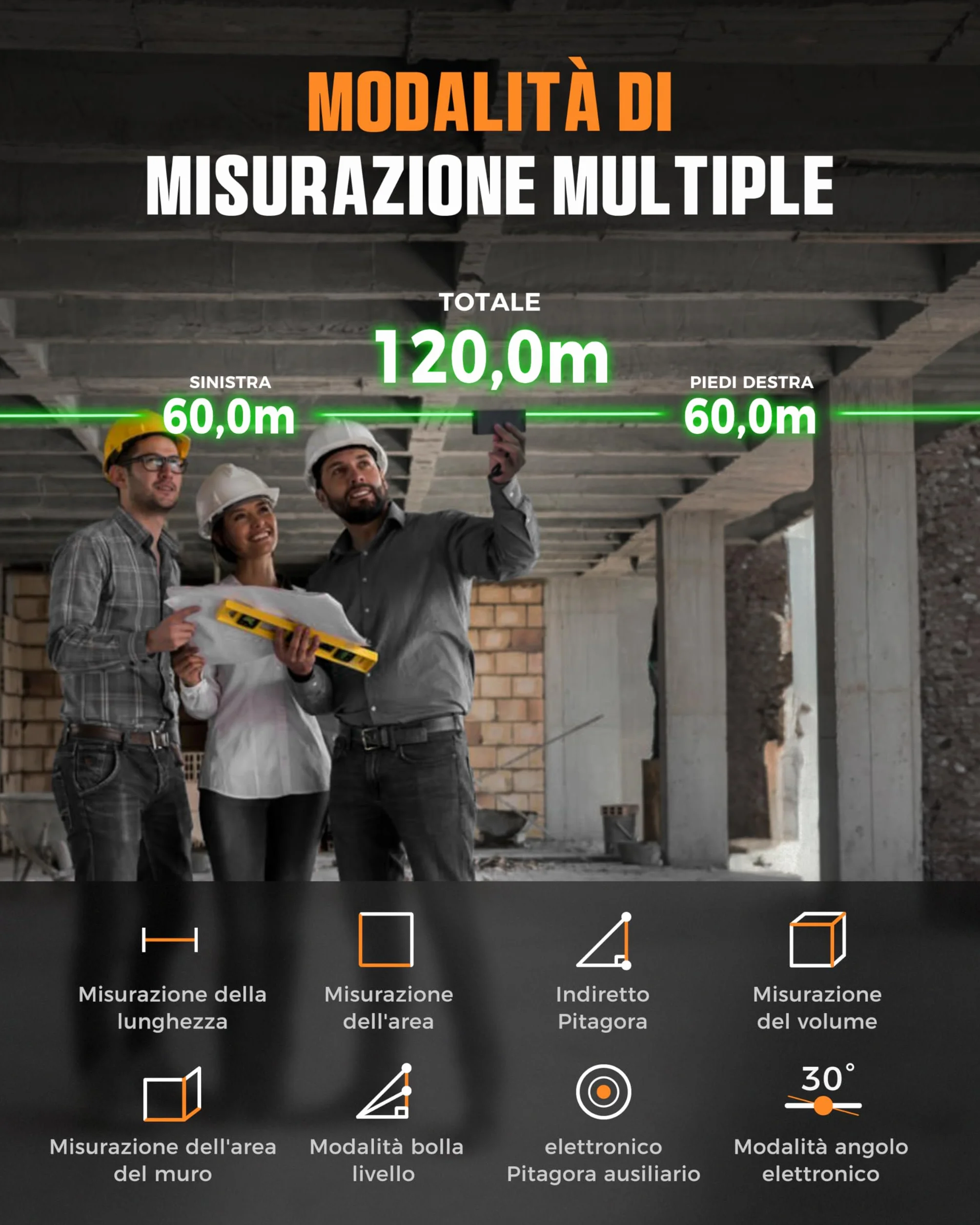 Dwustronny dalmierz laserowy zielony, wielofunkcyjny dalmierz laserowy CIGMAN 120m/390Ft z wyświetlaczem LCD, funkcją przyciągania magnetycznego, czujnikiem kąta, trybem Pitagorasa, obszarem i objętoś