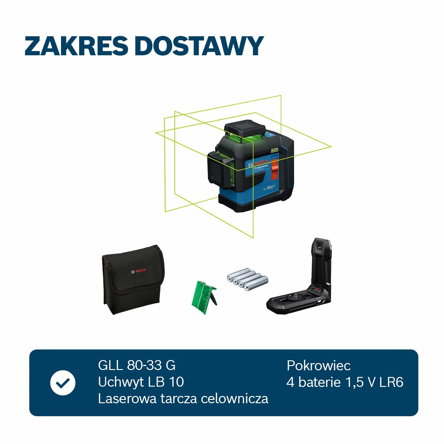 Bosch Professional Laser Liniowy GLL 80-33 G, Zielona Wiązka, Zasięg 30 m, Dual Power Source, 4x Baterie LR6, Uchwyt LB 10, Pokrowiec