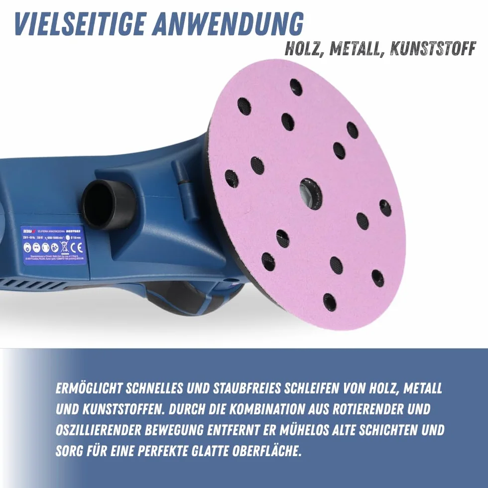 Szlifierka mimośrodowa DEDRA 350 W, Ø 150 mm – bezszczotkowa, regulowana prędkość obrotowa 4000-10000 obr./min, odsysanie pyłu, ergonomiczny design z miękkim uchwytem, w zestawie zestaw akcesoriów