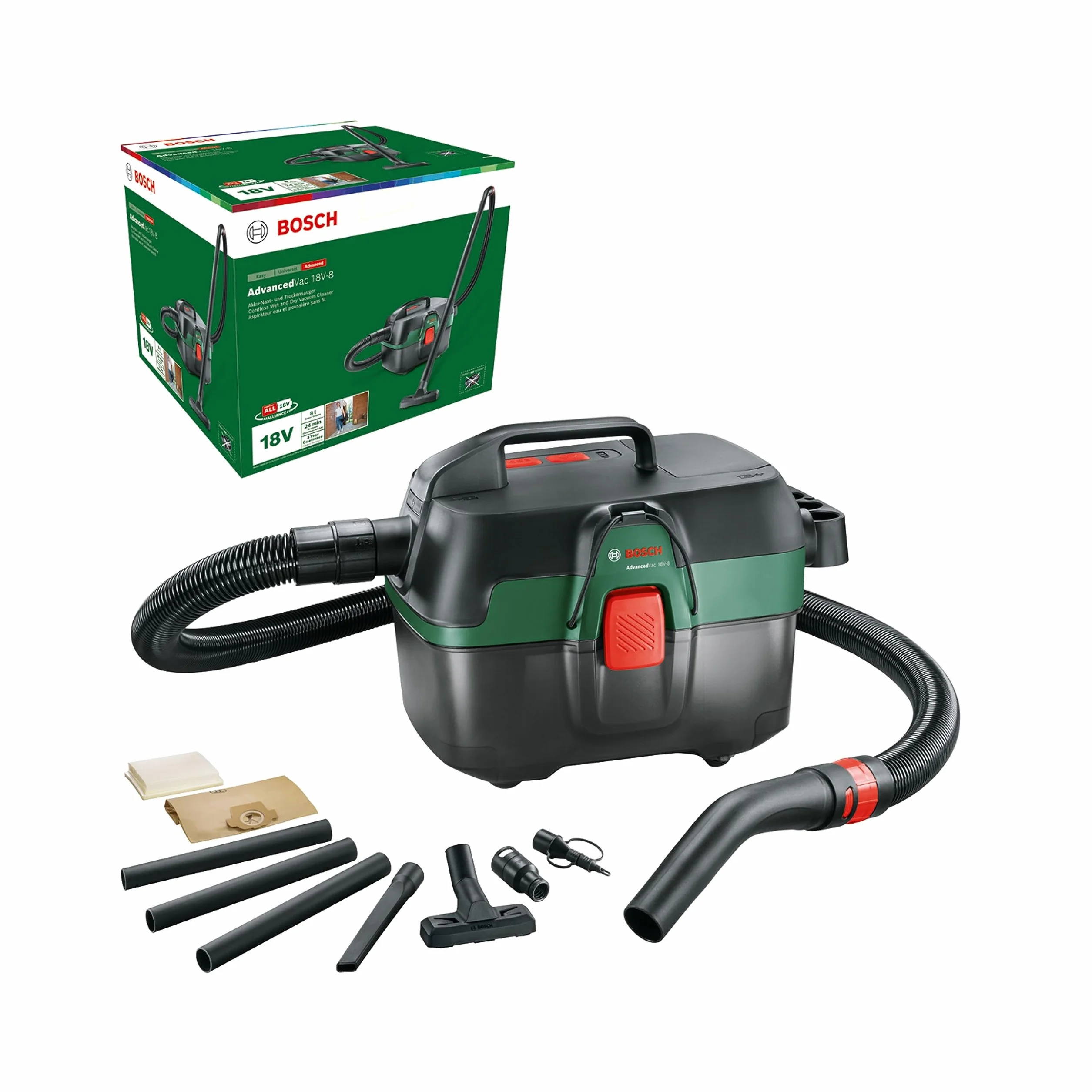Bosch Home And Garden Akumulatorowy Odkurzacz do Pracy na Sucho i Mokro AdvancedVac 18V-8, bez Akumulatora, System 18 V, Zestaw Akcesoriów w Komplecie, w Opakowaniu Kartonowym