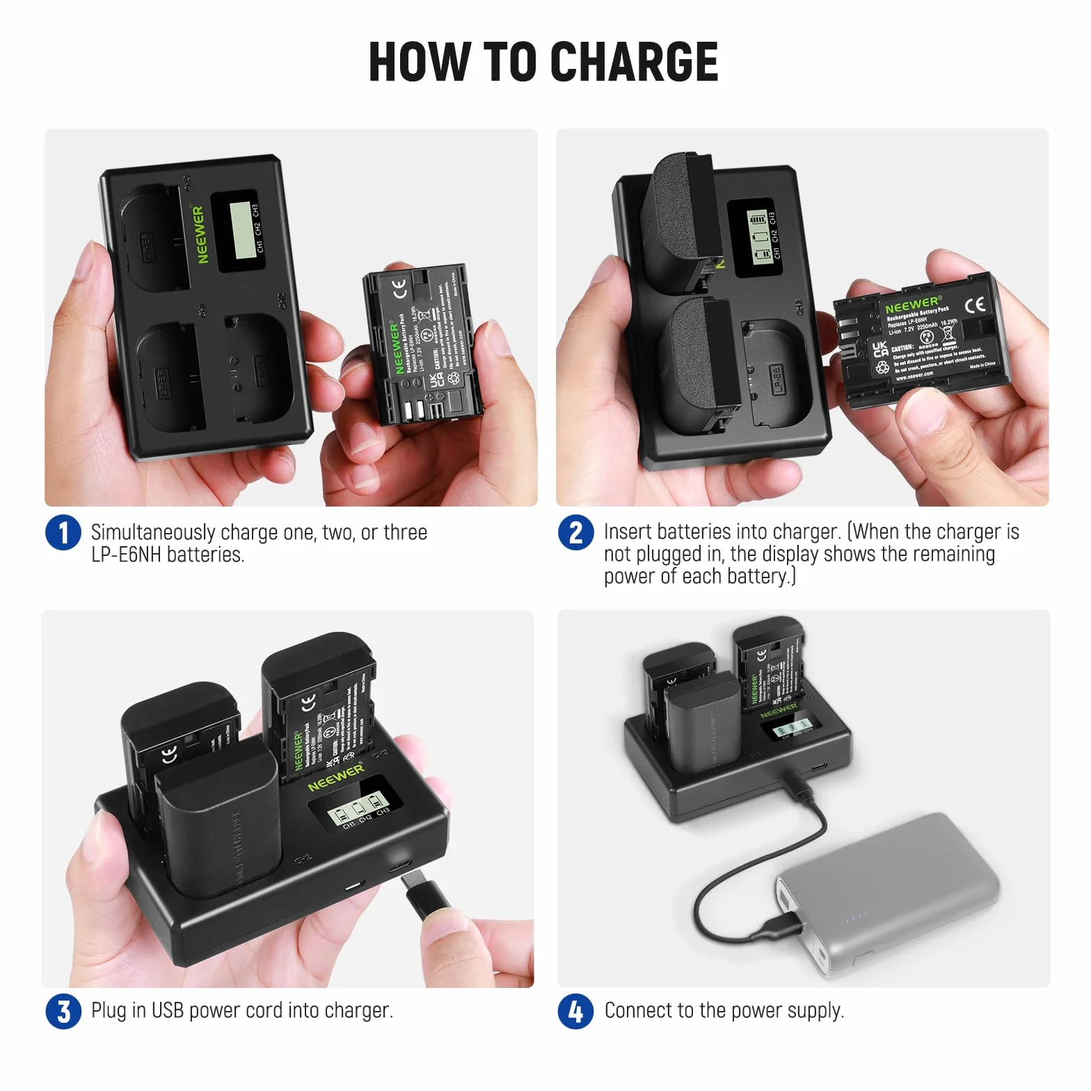 NEEWER LP-E6NH zestaw akumulatorów i ładowarki USB 3-pak 2250 mAh kompatybilny z Canon EOS R7 R5 R6 R6 II 5DIV 6DII 7DII
