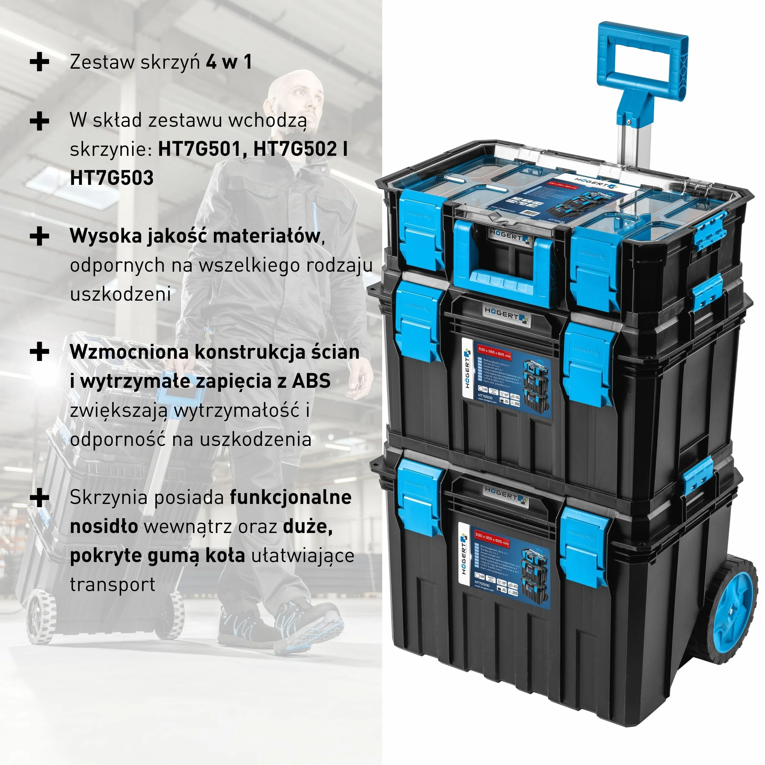 Högert Technik HT7G500 zestaw pudełek 4 w 1, skrzynki narzędziowe na kółkach, praktyczne i przestronne, odporne na uszkodzenia, pyłoszczelne, solidne zapięcia ABS, modułowa konstrukcja