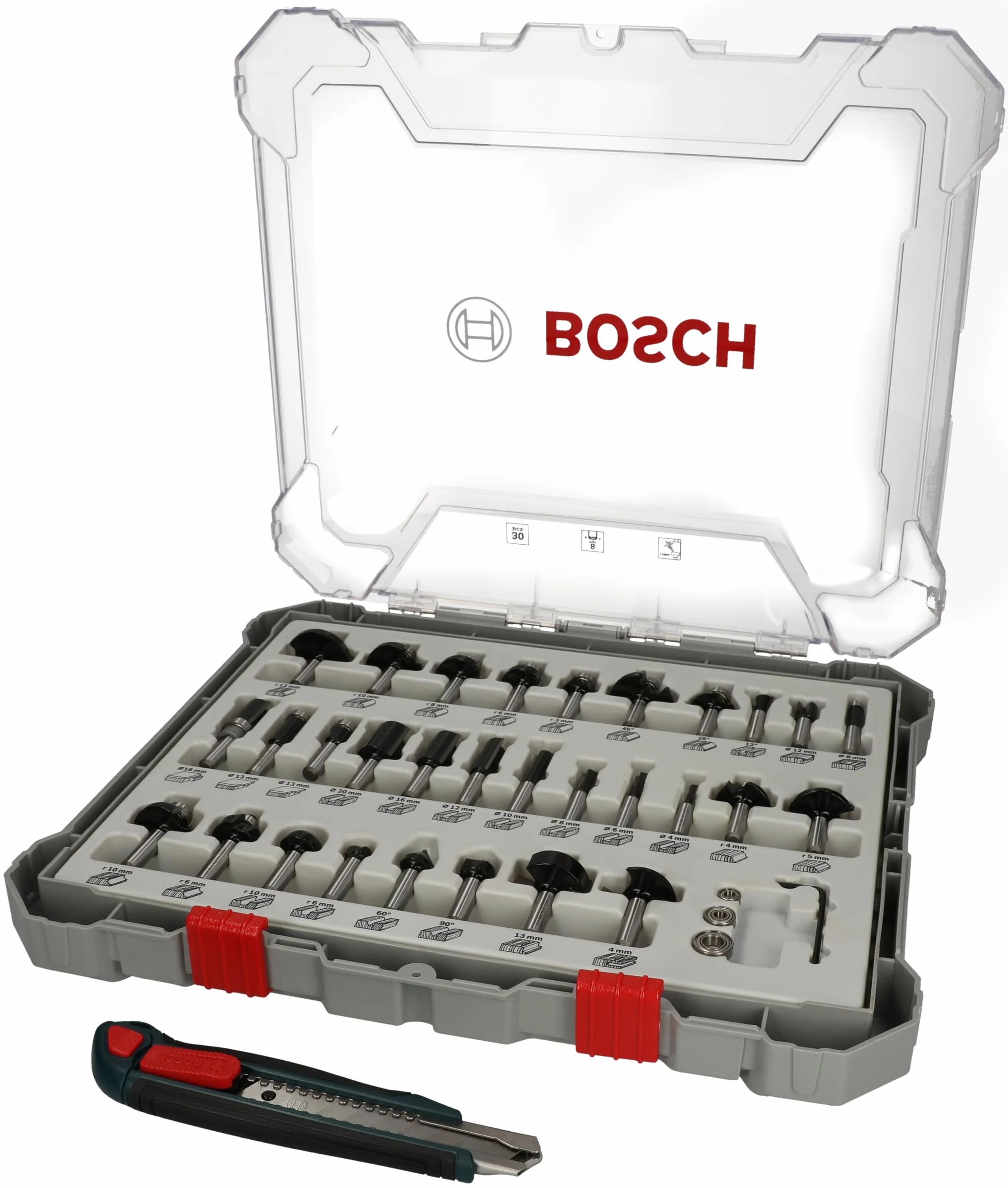 Bosch Professional 30-częściowy zestaw frezów z nożem tnącym (do drewna, trzpień Ø 8 mm, akcesoria frezarki górnowrzecionowe)