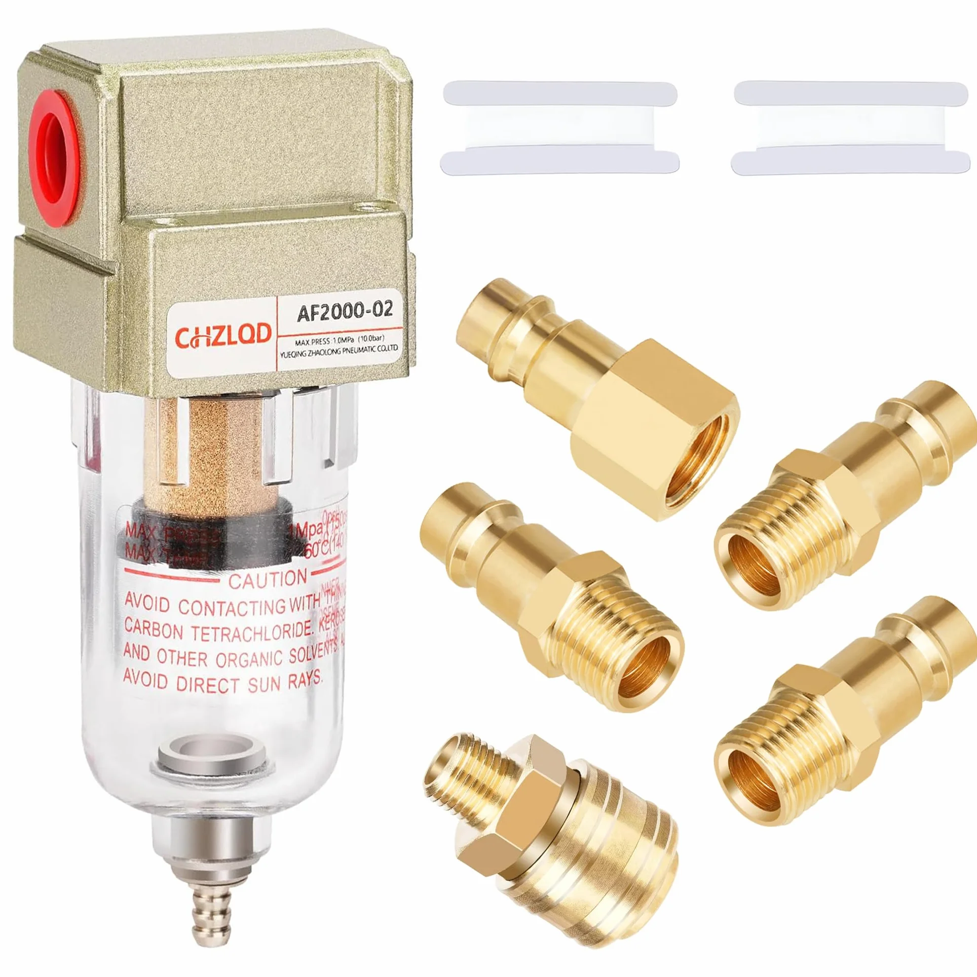 Separator wody i oleju 1/4", kompresor, separator wody sprężonego powietrza, filtr powietrza, z 4 szybkozłączkami i 2 taśmą teflonową, do montażu na sprężarkach lub jako pośrednie połączenie w