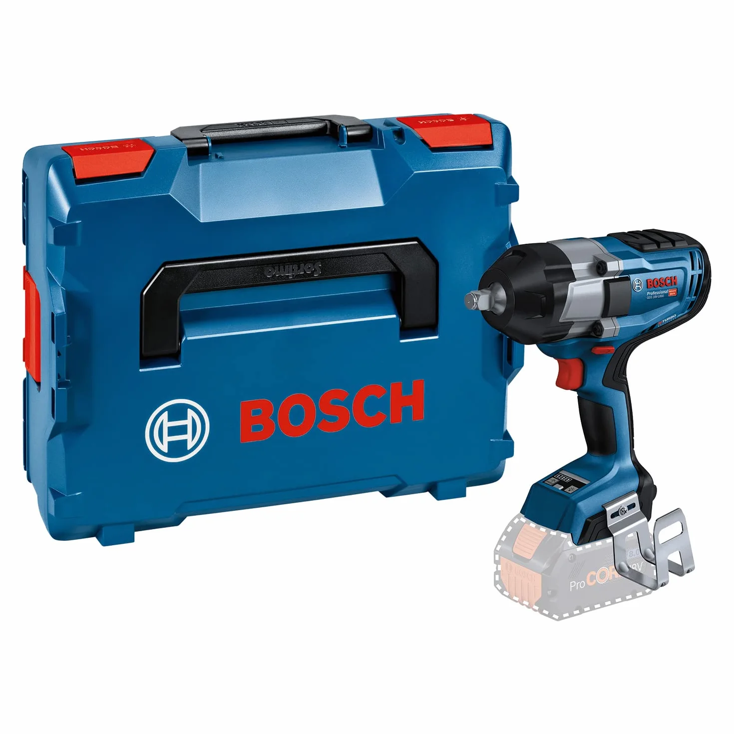 Bosch Professional system 18V: akumulatorowy klucz udarowy BITURBO GDS 18V-1000 (moment dokręcania 1 000 Nm, moment zrywający 1 600 Nm, walizka L-BOXX)