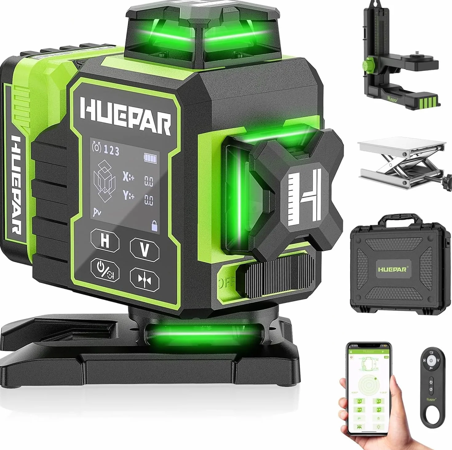 Huepar 2024 Nowa edycja W04CG Poziomica laserowa 4D, Poziomica laserowa z wyświetlaczem LCD z obrotową podstawą silnika, Samopoziomujący laser krzyżowy 360° - Pilot Bluetooth, Tryb impulsowy