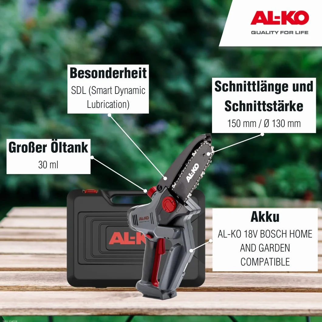 AL-KO Akumulatorowa mini piła łańcuchowa CSM 1815, 18 V, długość cięcia 15 cm