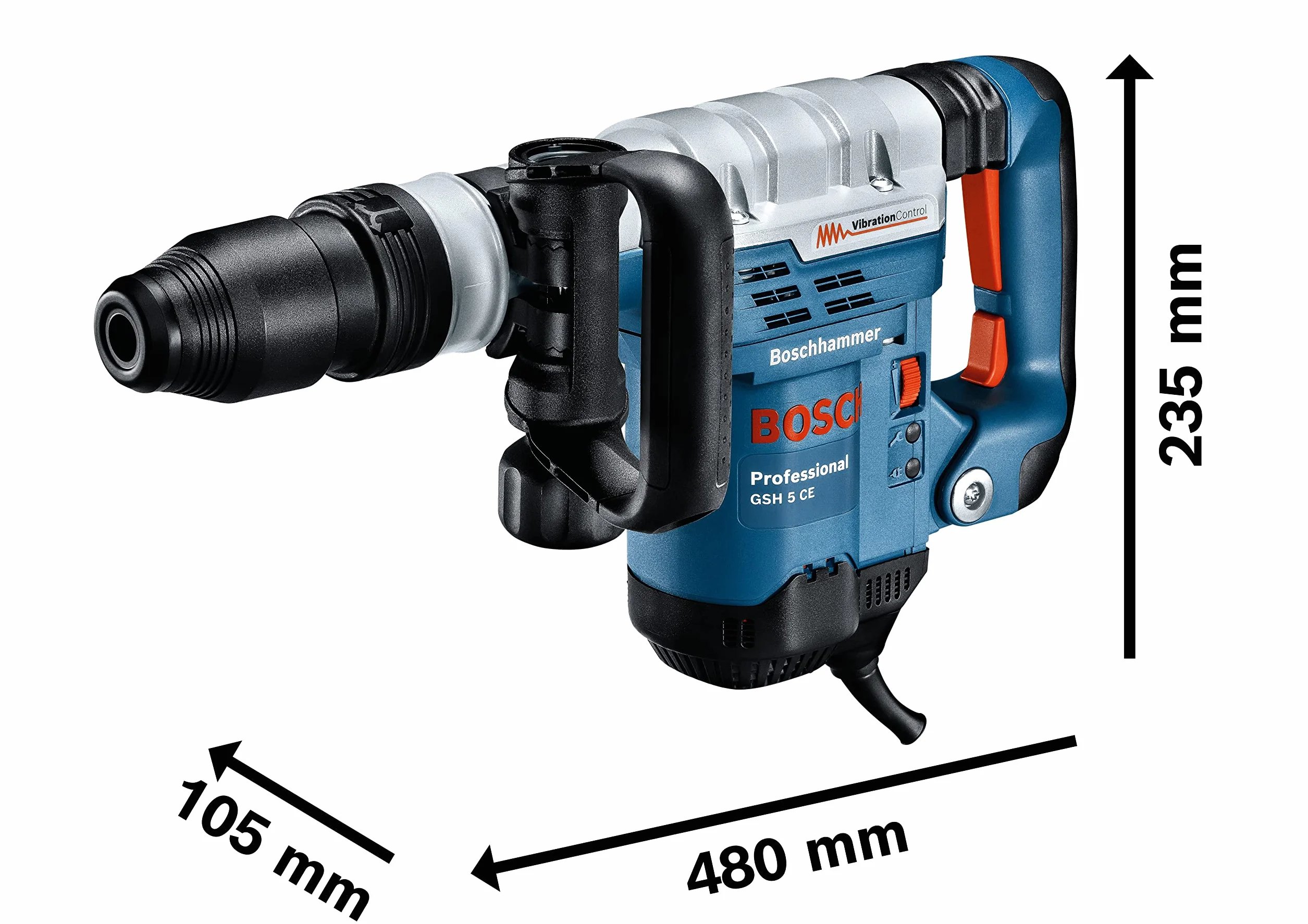 Bosch Professional: młot udarowy GSH 5 CE (1 500 W, liczba udarów przy nominalnej prędkości obrotowej 1.510 – 2.870 min-1, szpicak 400 mm, rękojeść dodatkowa, walizka)