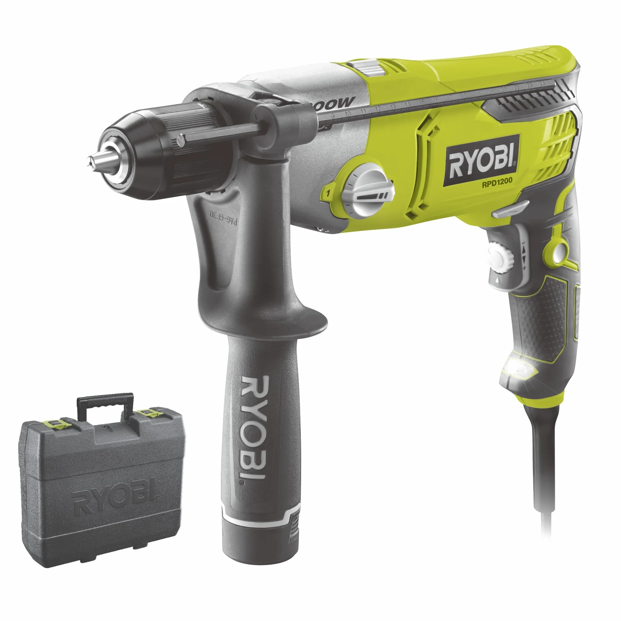 Ryobi Wiertarka Udarowa 1200 W RPD1200-K, 2-Biegi, 360° Uchwyt Pomocniczy, Ogranicznik Głębokości, Walizka