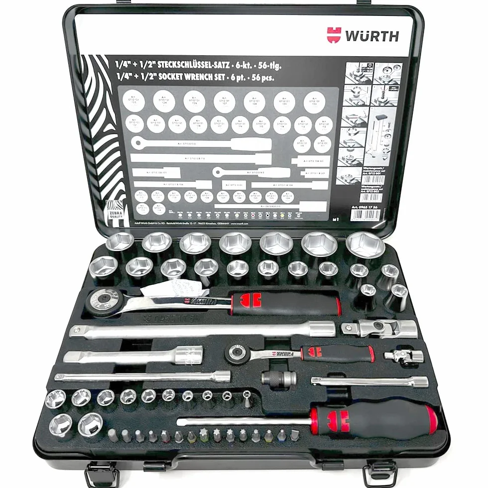 Würth Zebra klucze nasadowe 1/4 + 1/2 cala asortyment 6-kątny 56 części w metalowej kasecie