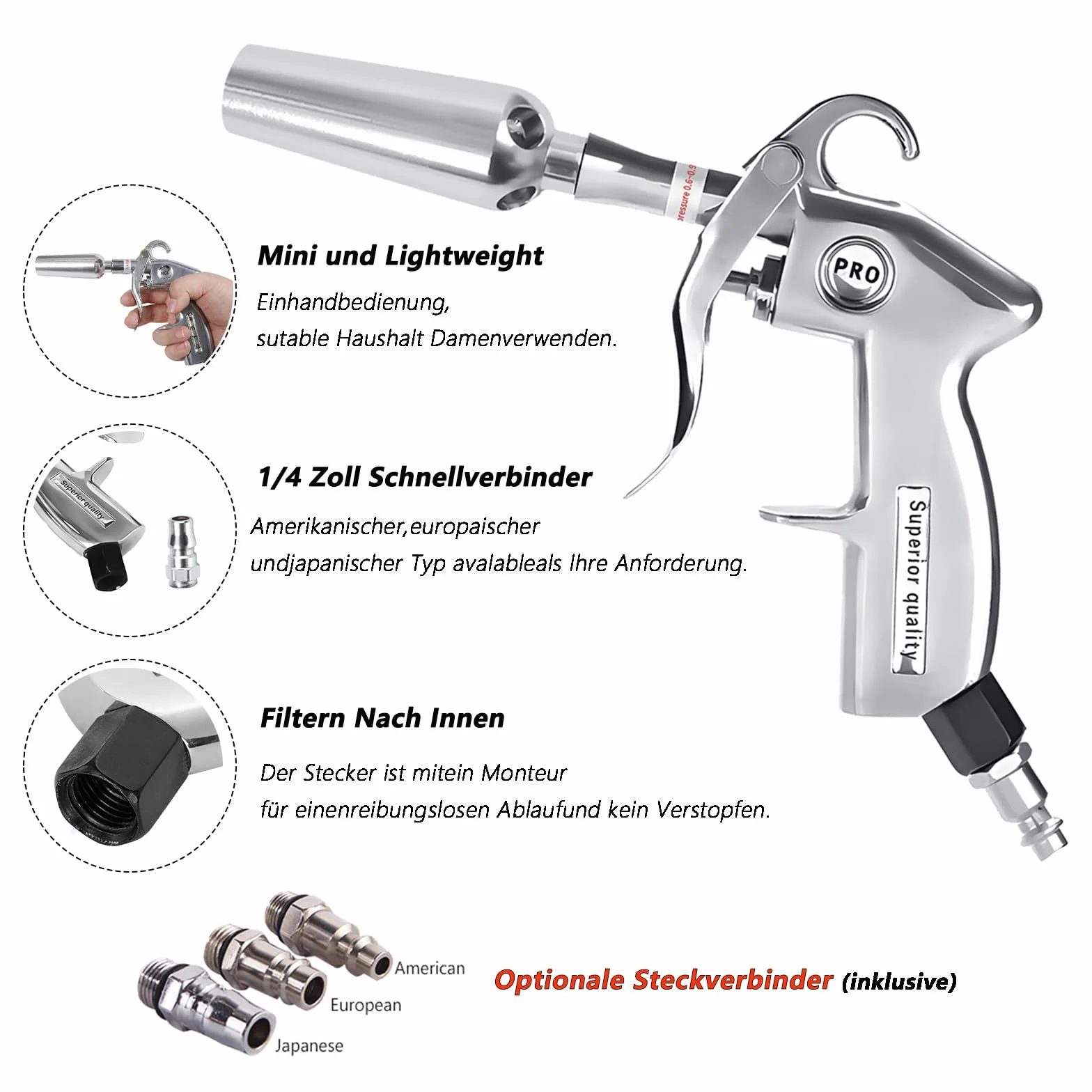Pistolet na sprężone powietrze do szybkiego suszenia i pneumatycznego – pistolet do wydmuchiwania sprężonego powietrza z aluminiową obudową, w zestawie adapter do pistoletu do wydmuchiwania