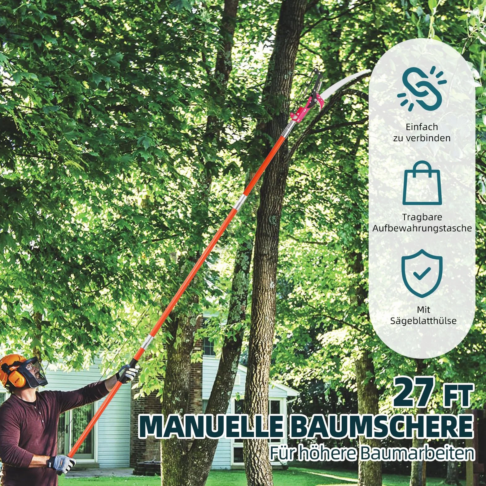 Ręczny trymer do słupków 7,3-27 ft Extendable Tree Pruner, ostre stalowe ostrza, przycinarka gałęzi z 8 uchwytami z włókna szklanego