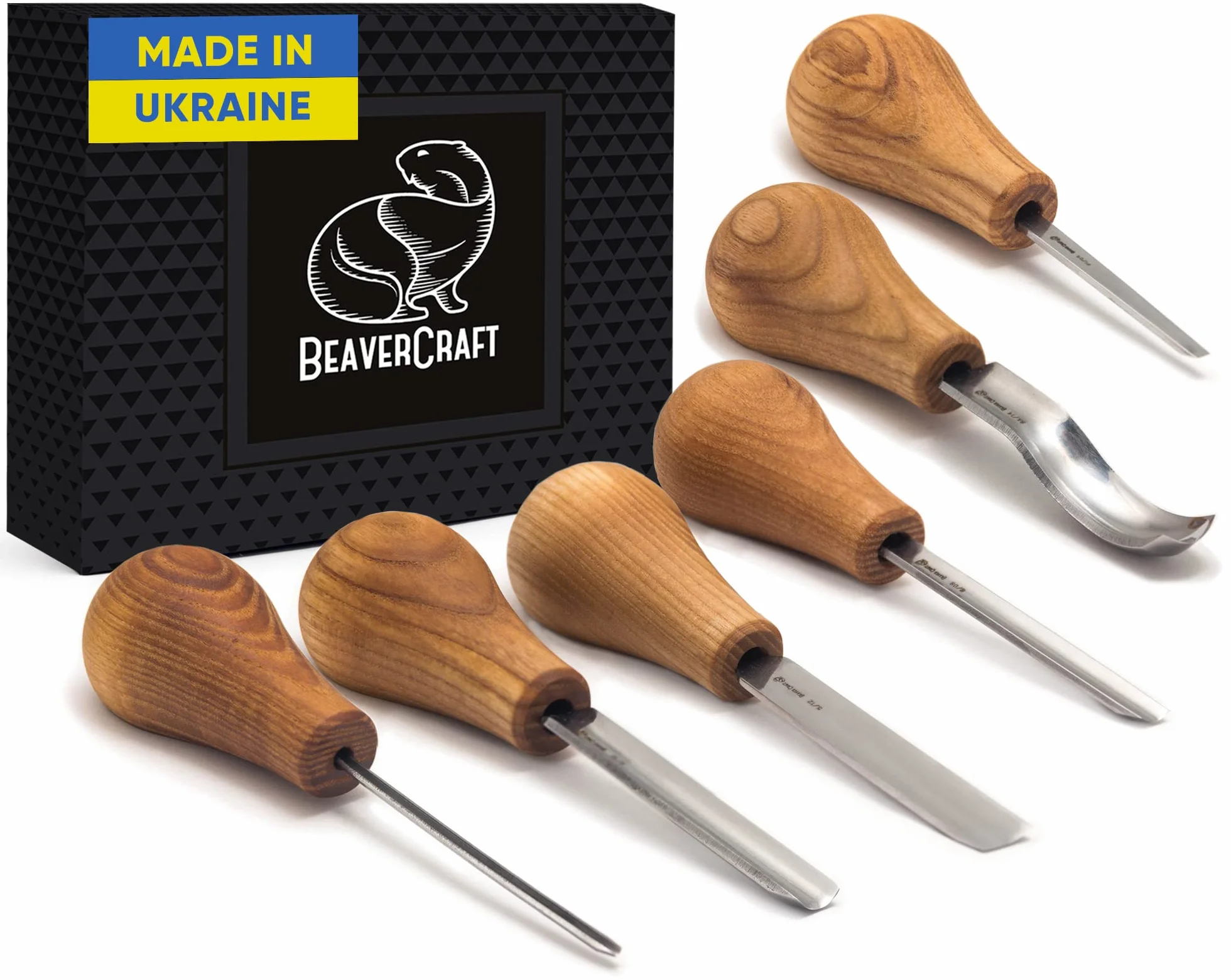 BeaverCraft Zestaw dłut do rzeźbienia w drewnie SC05 z dłutem dłoniowym i płaskim dłutem prostym, zaokrąglone, krótkie, wygięte noże do strugania, narzędzia dla początkujących i profesjonalistów
