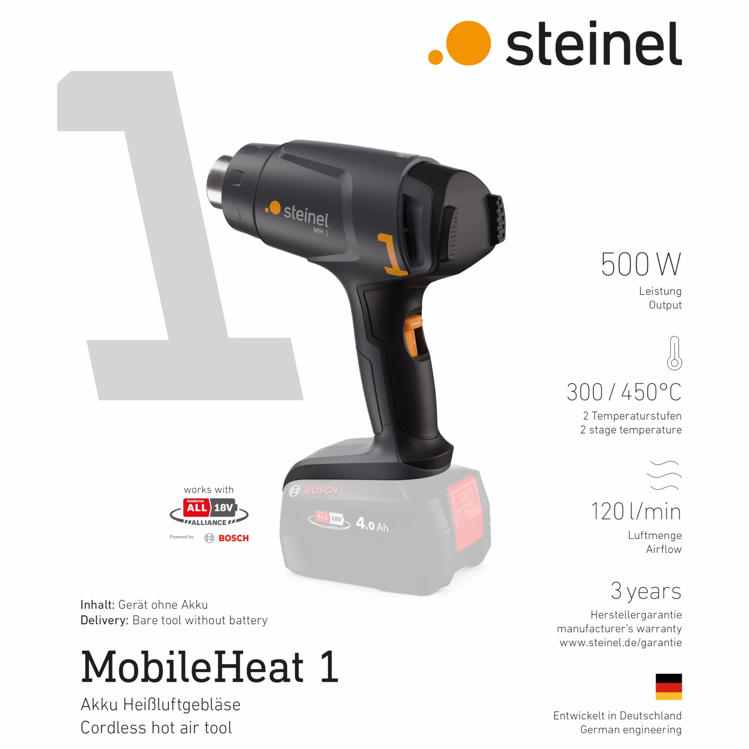 Steinel Akumulatorowa pistoleta na gorące powietrze MH 1, 2 poziomy temperatury 300°C/450°C, opalarka do lutowania i obkurczania