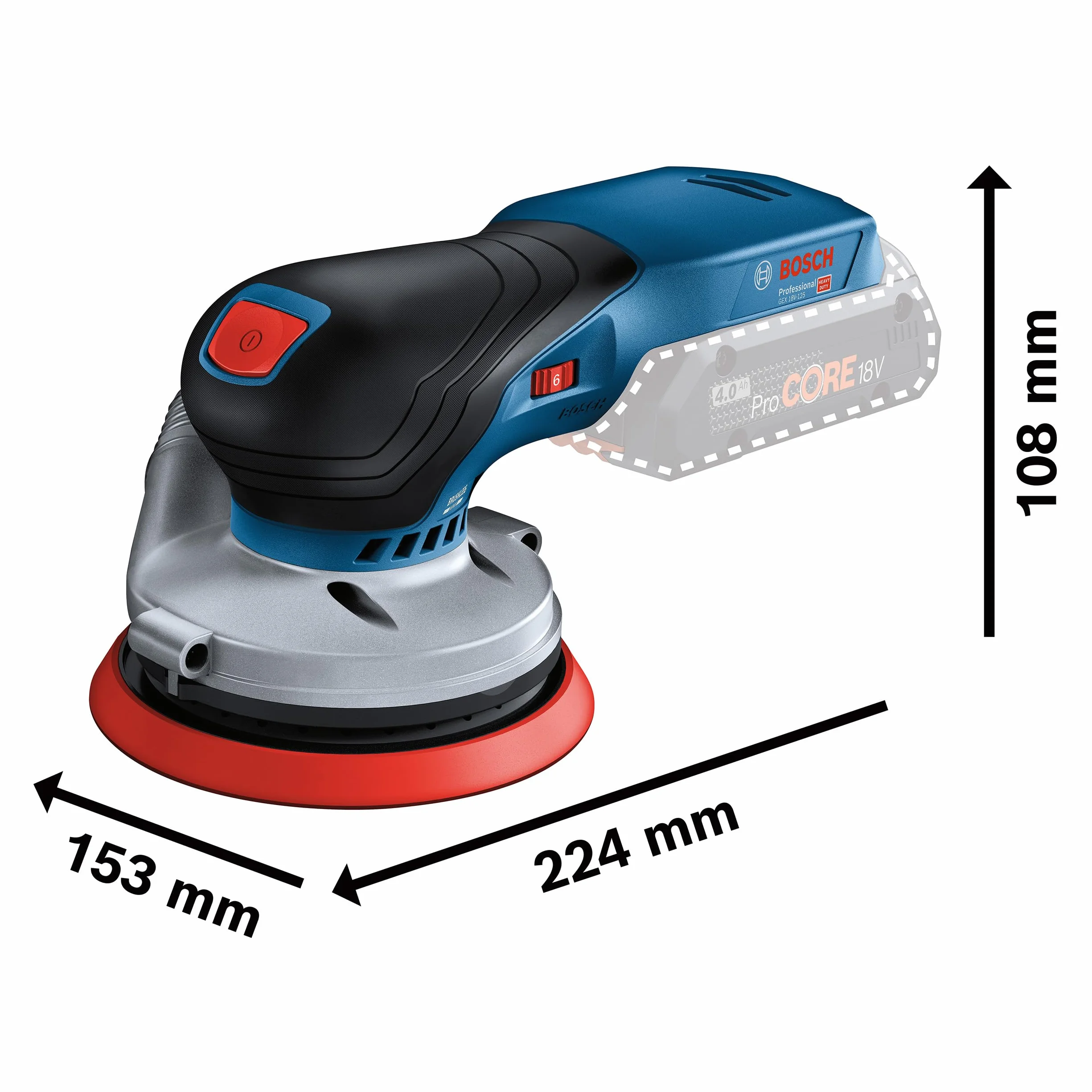 System profesjonalny 18 V firmy Bosch: akumulatorowa szlifierka mimośrodowa GEX 18V-125 talerz szlifierski 125 mm, 1 papier ścierny, worek na pył, walizka L-BOXX, bez akumulatora i ładowarki