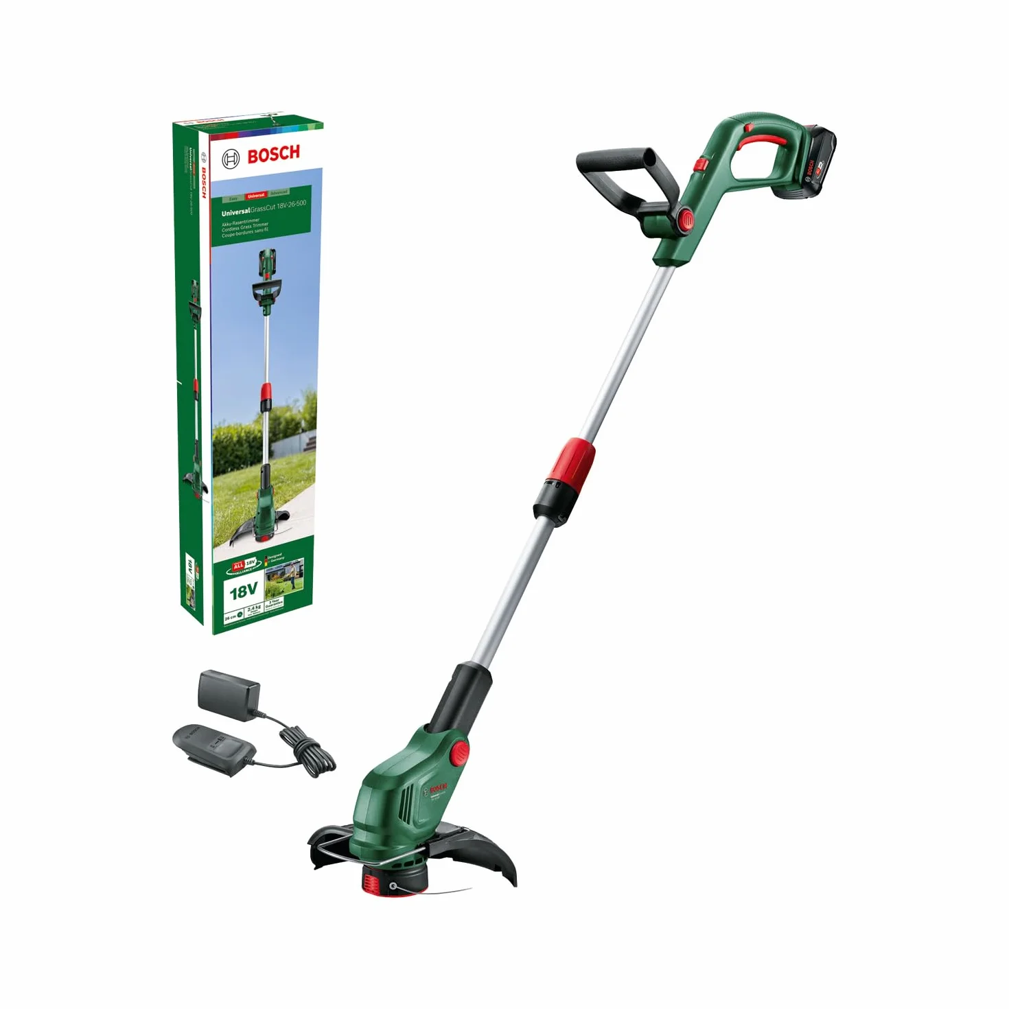 Bosch: akumulatorowa podkaszarka do trawy UniversalGrassCut 18V-26-500 (do podkaszania w poziomie i pionie, czas ładowania: 65 min, średnica cięcia: 26 cm, system 18V, z akumulatorem i ładowarką)