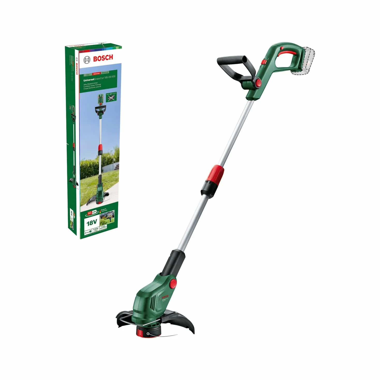 Bosch: akumulatorowa podkaszarka do trawy UniversalGrassCut 18V-26-500 (do podkaszania w poziomie i pionie, czas ładowania: 65 min, średnica cięcia: 26 cm, system 18V, bez akumulatora)