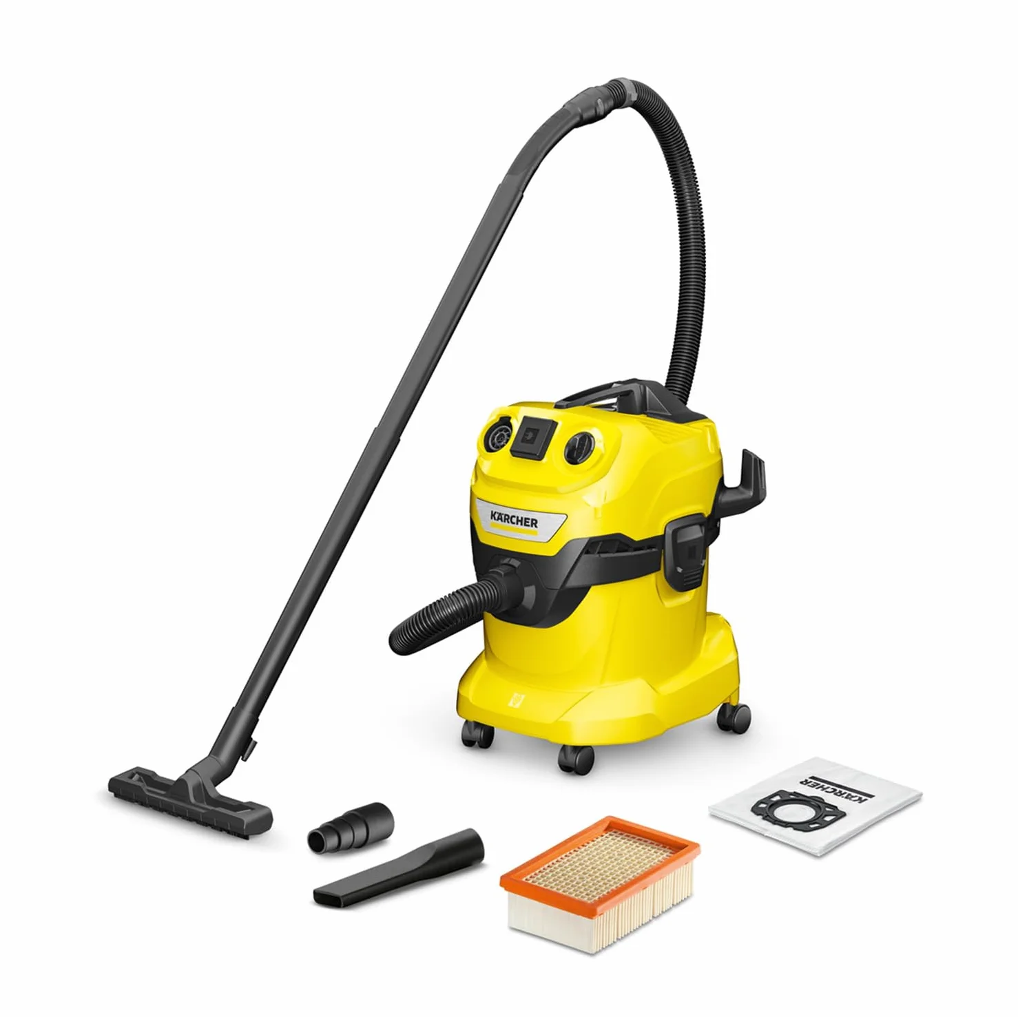 Kärcher na mokro/sucho WD 4 P V-20/5/22, 1000 W, plastikowy pojemnik: 20 l, wąż: 2,2 m, funkcja wydmuchu, gniazdo z włącznikiem/wyłącznikiem, filtr, ssawka podłogowa i szczelinowa, worek filtrujący