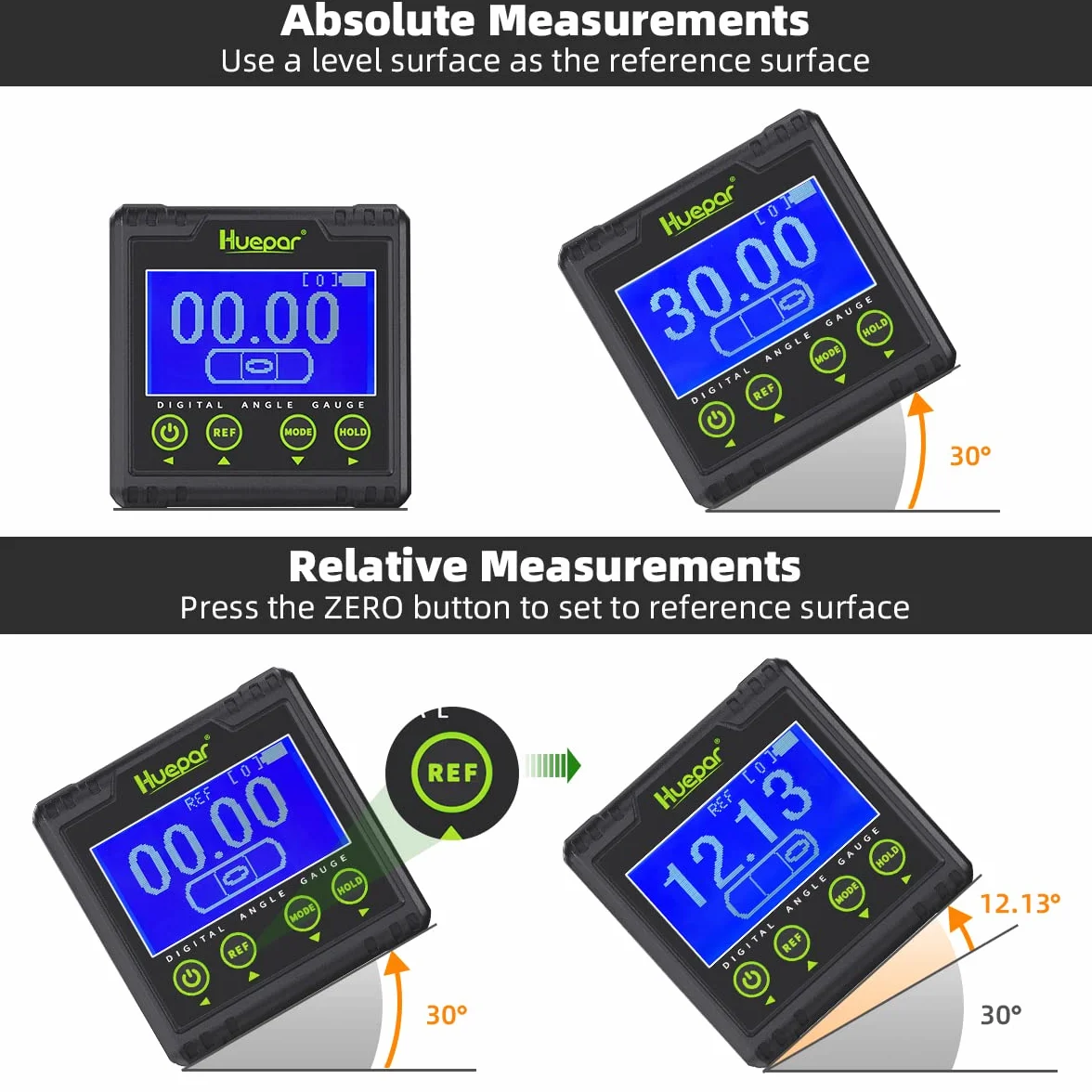Cyfrowy kątomierz Huepar, dwuosiowy miernik poziomu elektrycznego, rozdzielczość 0,01°, podstawa magnetyczna z rowkiem V i inklinometr LCD z alarmem dźwiękowym 0~360°AG03