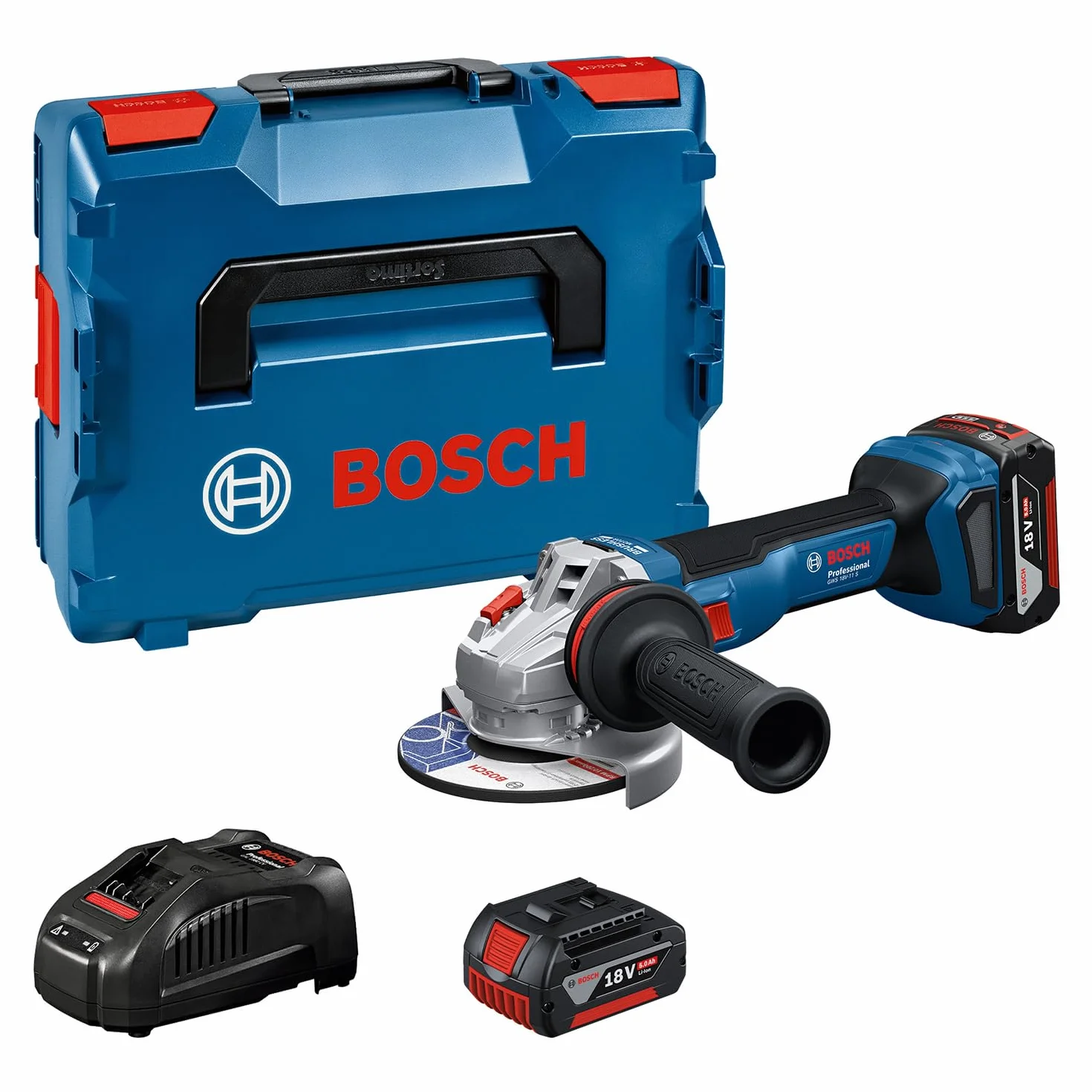Bosch Professional 18 V firmy Bosch: akumulatorowa szlifierka kątowa GWS 18V-11 S (Ø tarczy 125 mm, 2x GBA 5.0Ah, ładowarka GAL 1880, walizka L-BOXX)