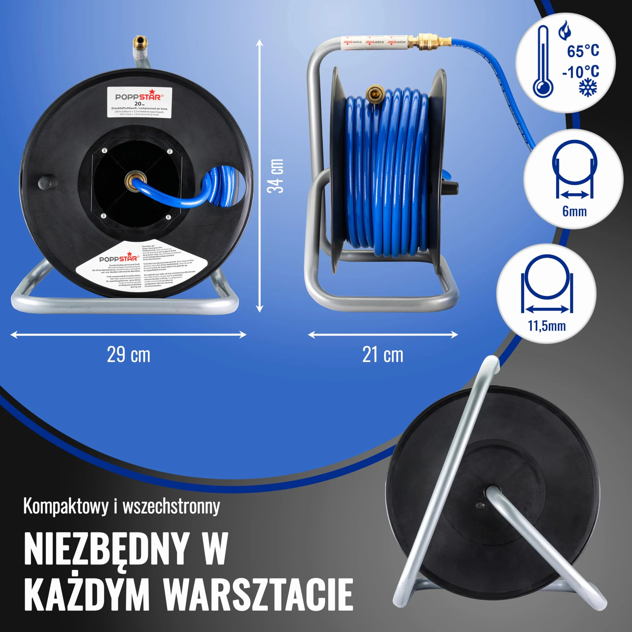 Poppstar ręczny bęben wykonany z PVC na wąż do sprężonego powietrza (długość 20m+1,5m, średnica (6x11,5mm)), przyłącza 1/4 cala BSPT