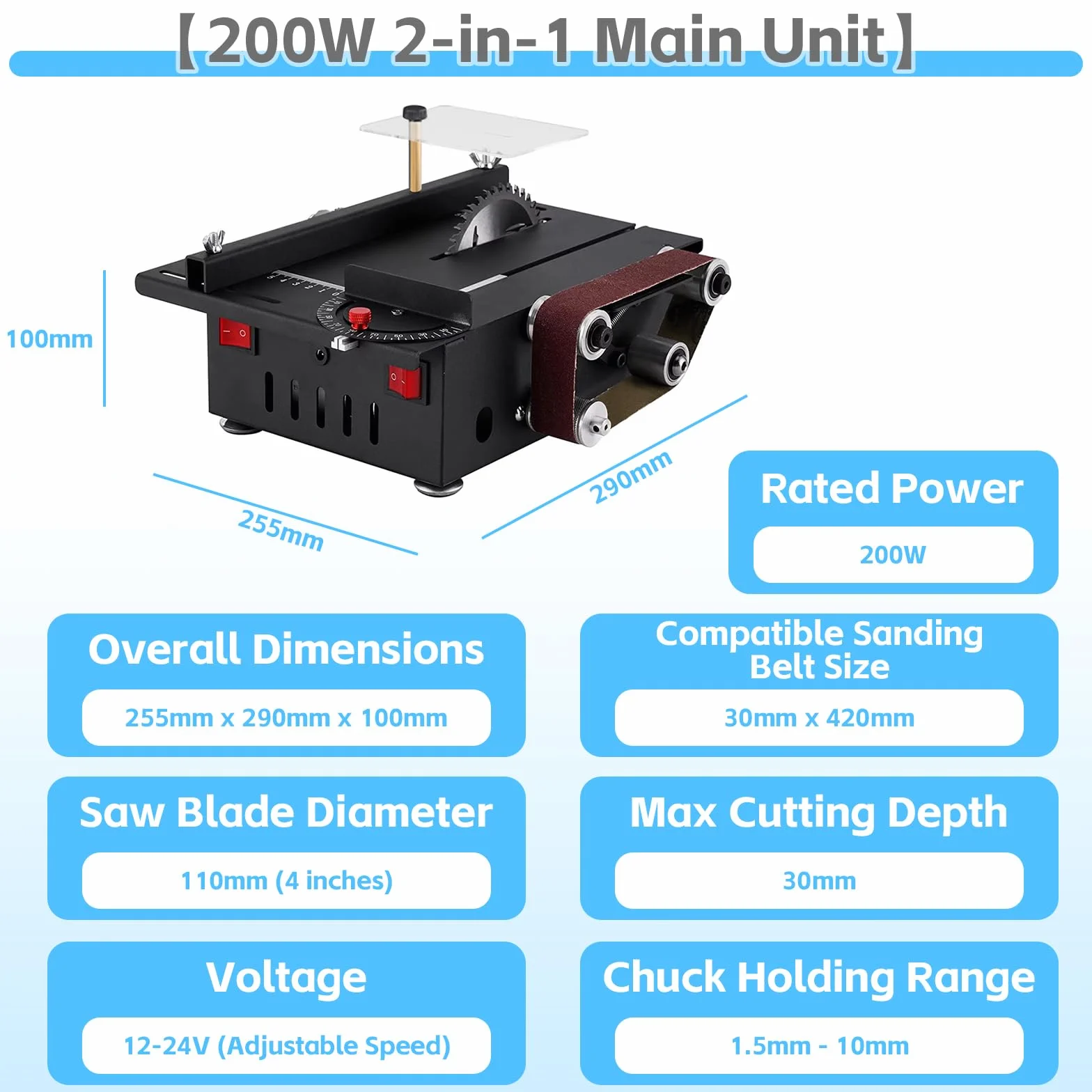 Mini stołowa piła tarczowa z szlifierką taśmową 200 W, głębokość cięcia 0,1-30 mm