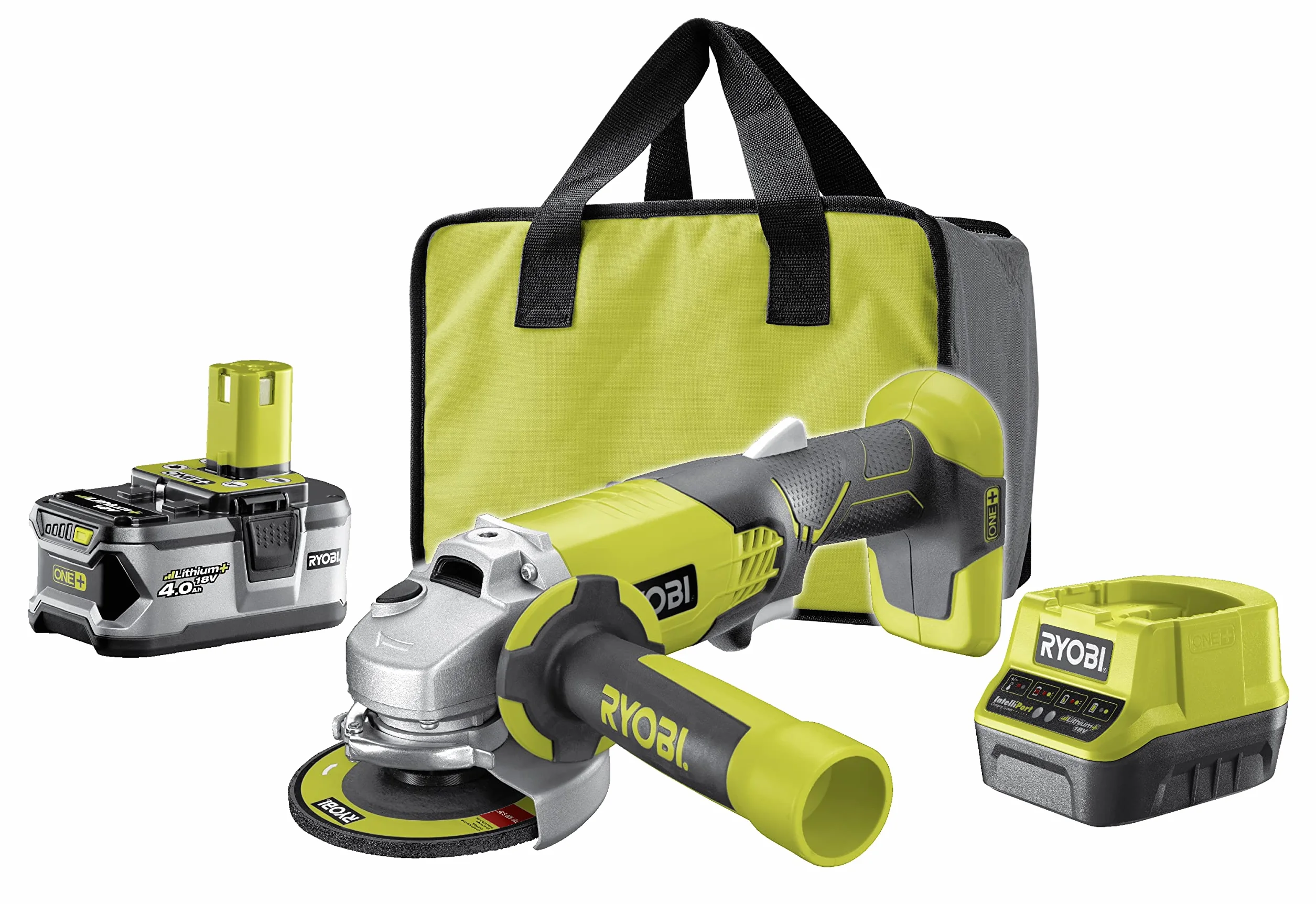 Ryobi Szlifierka Kątowa Akumulatorowa 18V, R18AG-140S, Średnica Tarczy 115 mm, Zestaw Zawiera Akumulator 4.0 Ah i Ładowarkę